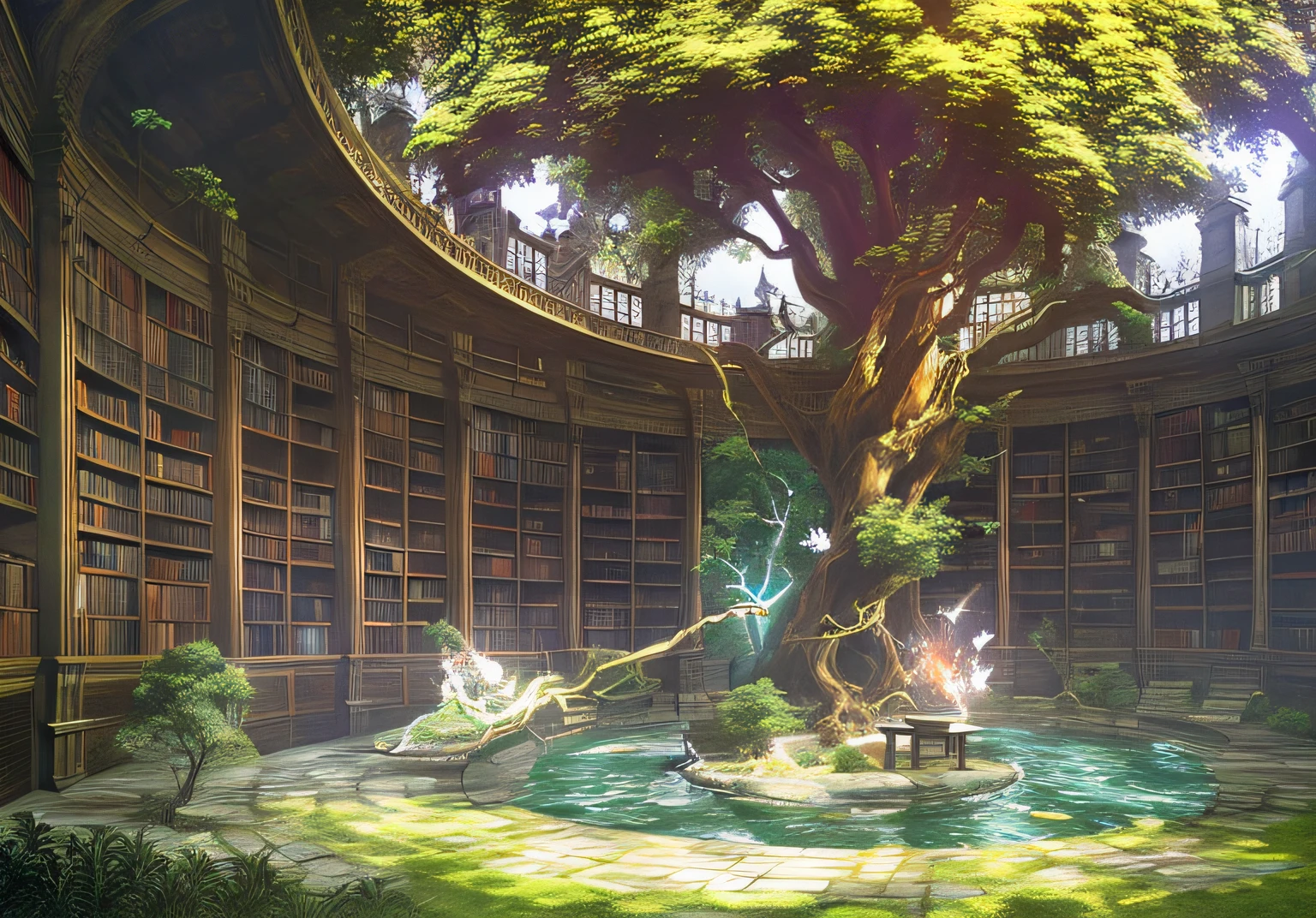 anime scene of a library with a tree and a bench, Biblioteca de Arte Conceitual de Ruina, Arte da Biblioteca Espacial Borne, biblioteca antiga, Fundo da Biblioteca Alquimista, Biblioteca Celestial Infinita, fundo da biblioteca, MAGIC LIBRARY, magical atmosphere, biblioteca infinita, Uma biblioteca eterna, upscalling