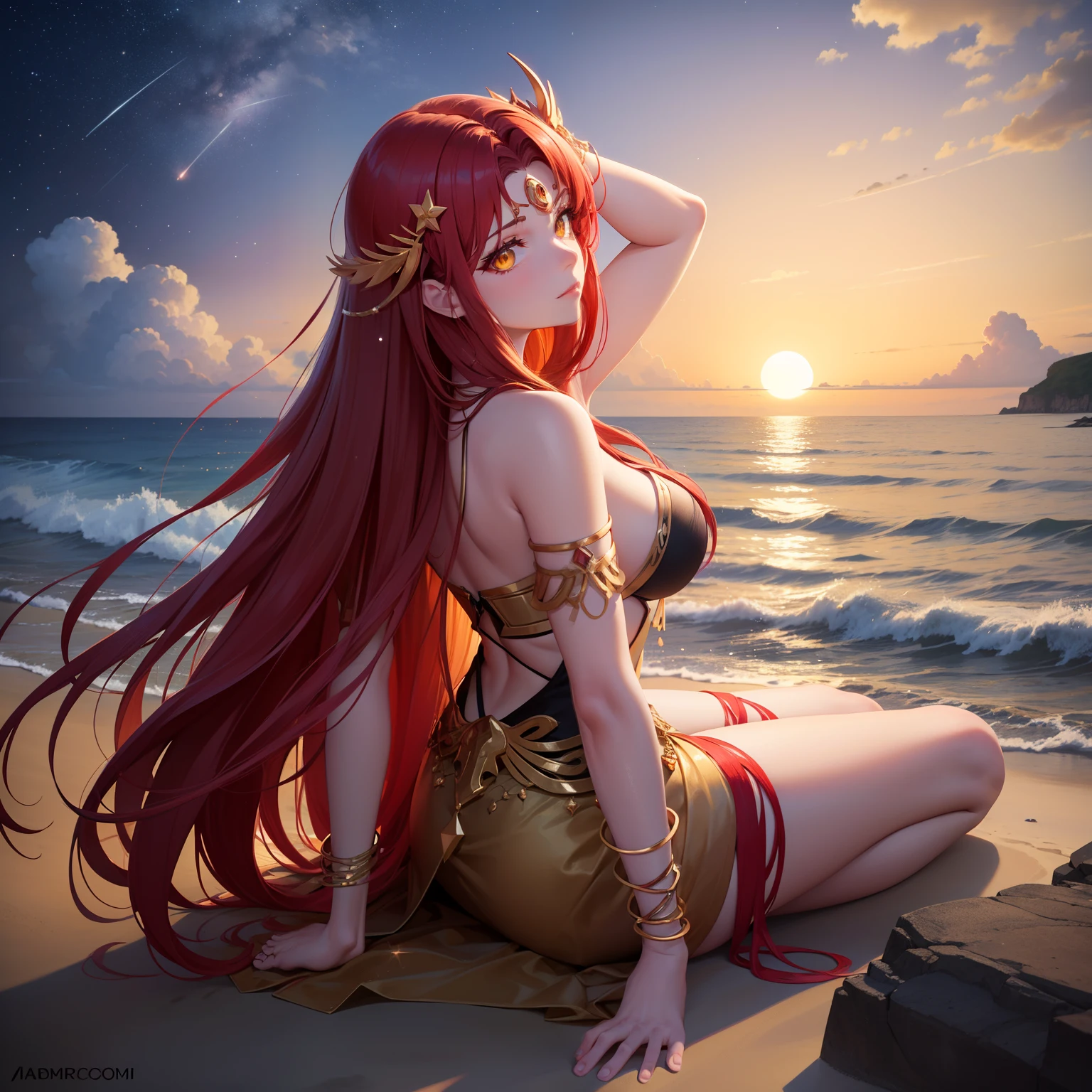 An adult woman with  long red glowing hair and yellow eyes like stars is on the beach in the evening watching the stars, look like a TE KÁ from myth. A beautiful person, surrounded by water. Look like a goodess, ancient outfit like amazon