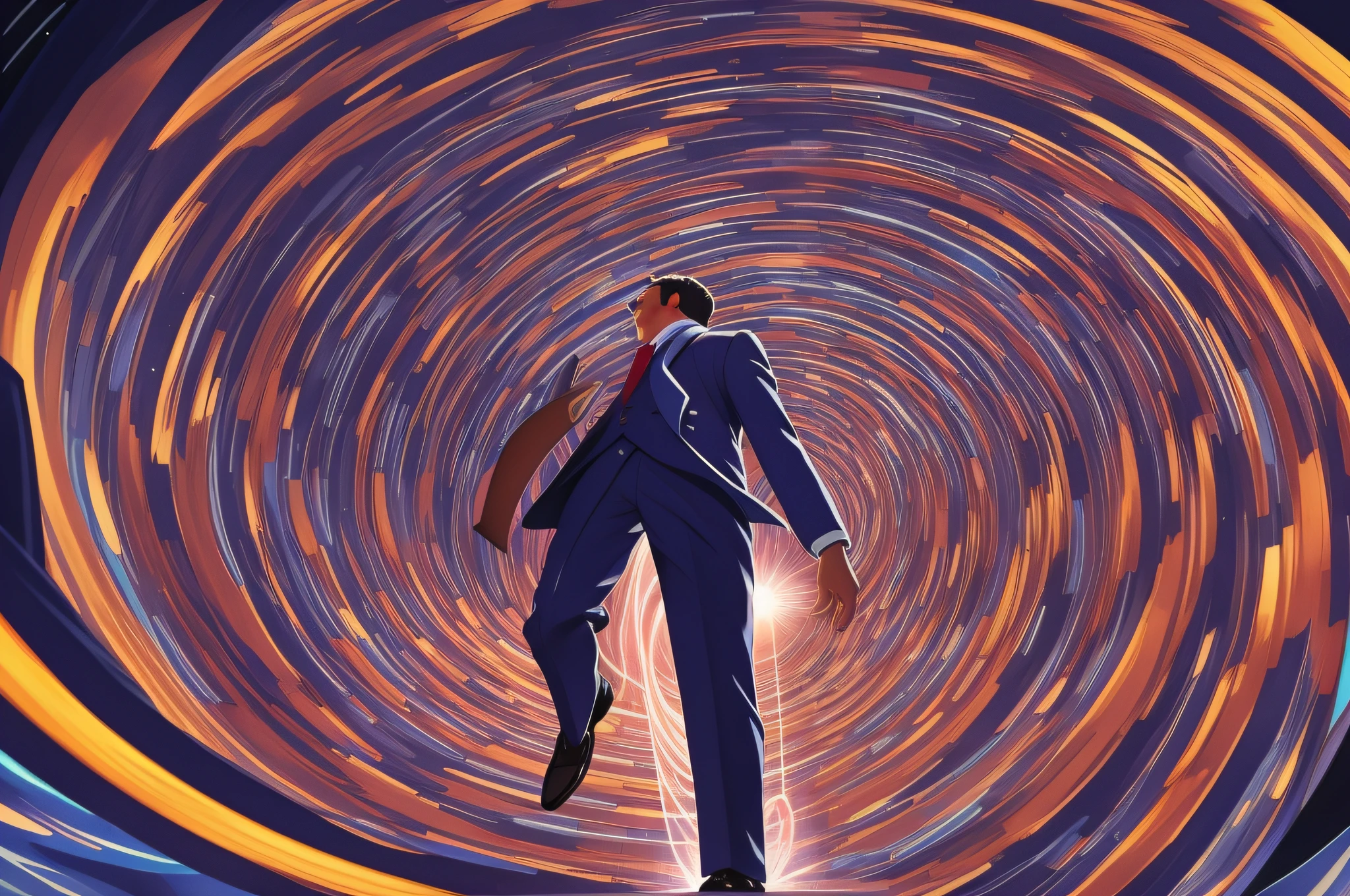 A man in a suit is sucked into a glowing vortex、To the center of the vortex、Only one person、Inhaled、time machine、upside、