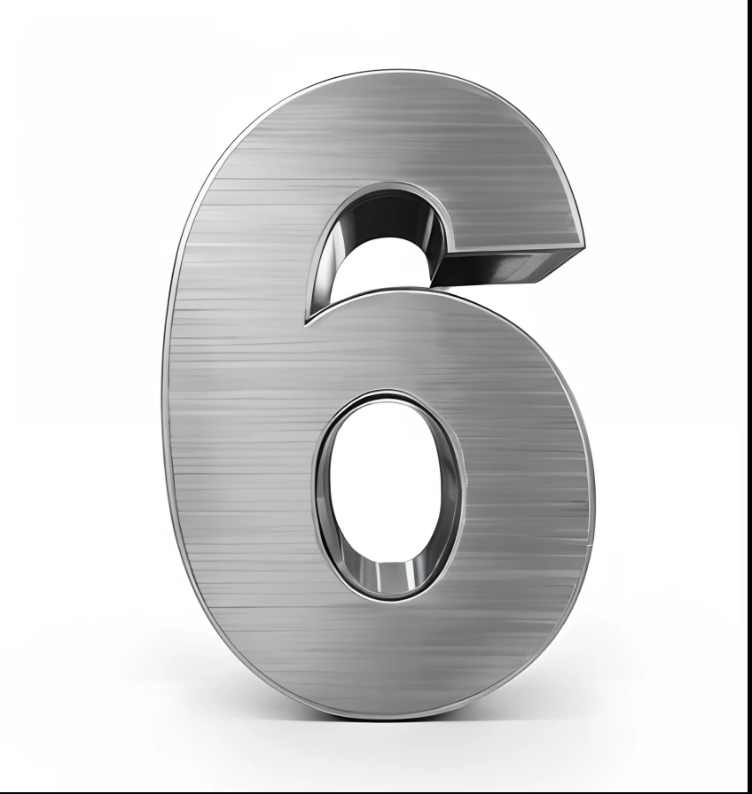 A close-up of a metallic number six on a white background, 6, nd 6, Metal, f5.6, ƒ5.6, :6, single image, plata, Fabricado en acero cepillado, sobre fondo blanco, 666, 6 6 6, aluminio, numerical, 6 Foco, Made of bright white metallics, Golden number
