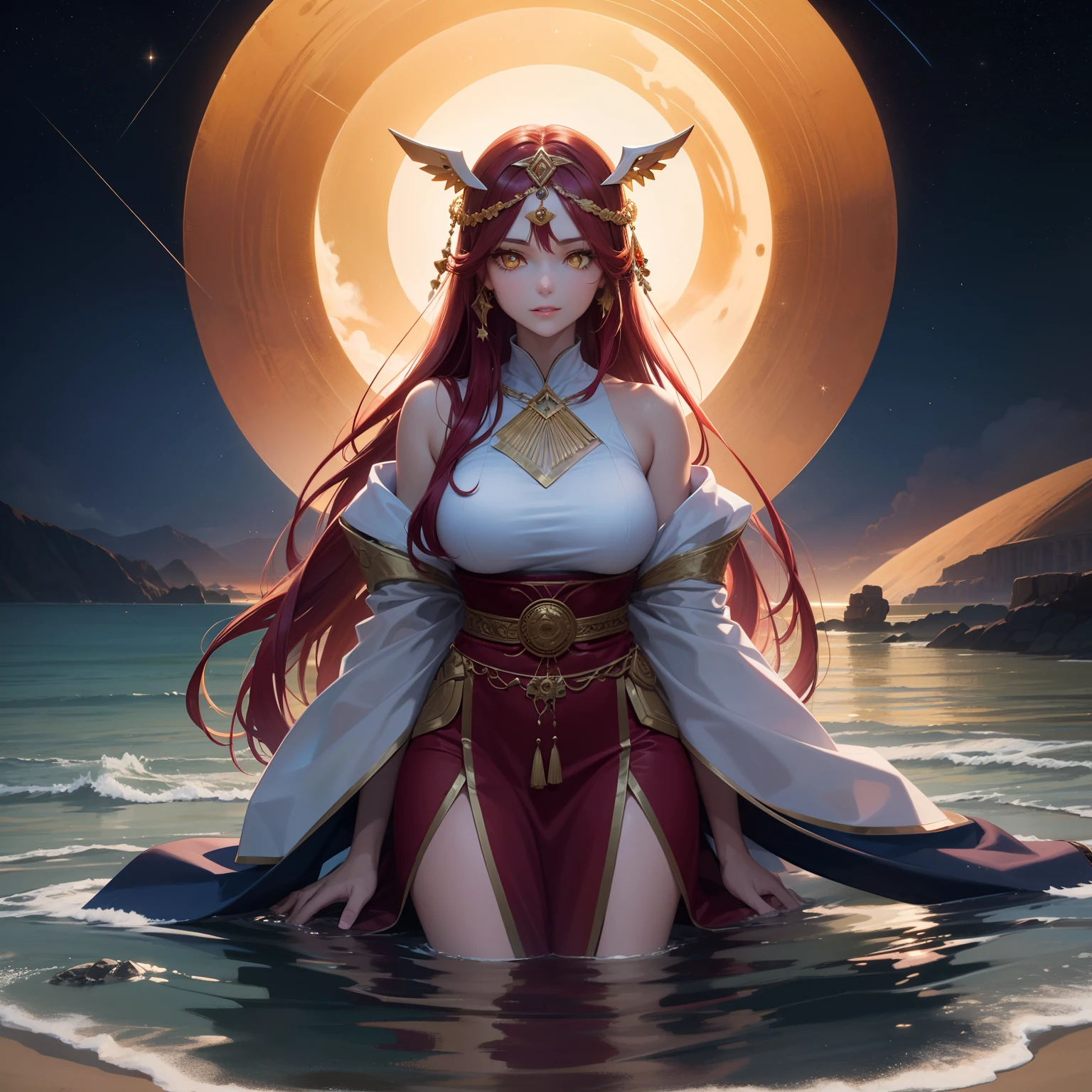 An adult woman with  long red glowing hair and yellow eyes like stars is on the beach in the evening watching the stars, look like a TE KÁ from myth. A beautiful person, surrounded by water. Look like a goodess, ancient outfit like amazon