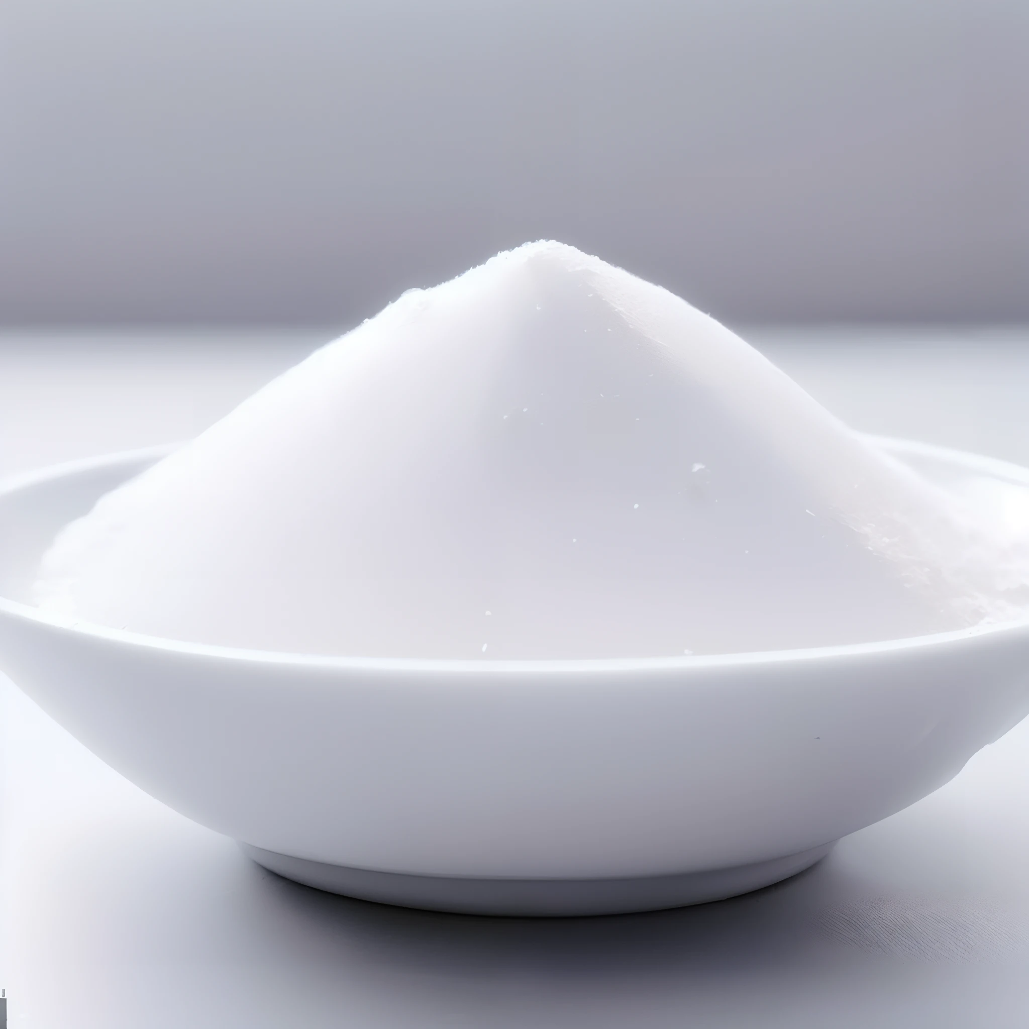 There is a white bowl with a white substance in it, sal branco, sugar snow, powdered sugar, Closeup of simple sugar crystal, 3DEXCITE, (neve), dust, sugar, product introduction photo, sugary sweet, foto do produto em miniatura, Mais vendidos, Material de alta qualidade BSSRDF, sal, Branco, imagem do produto de alta qualidade"