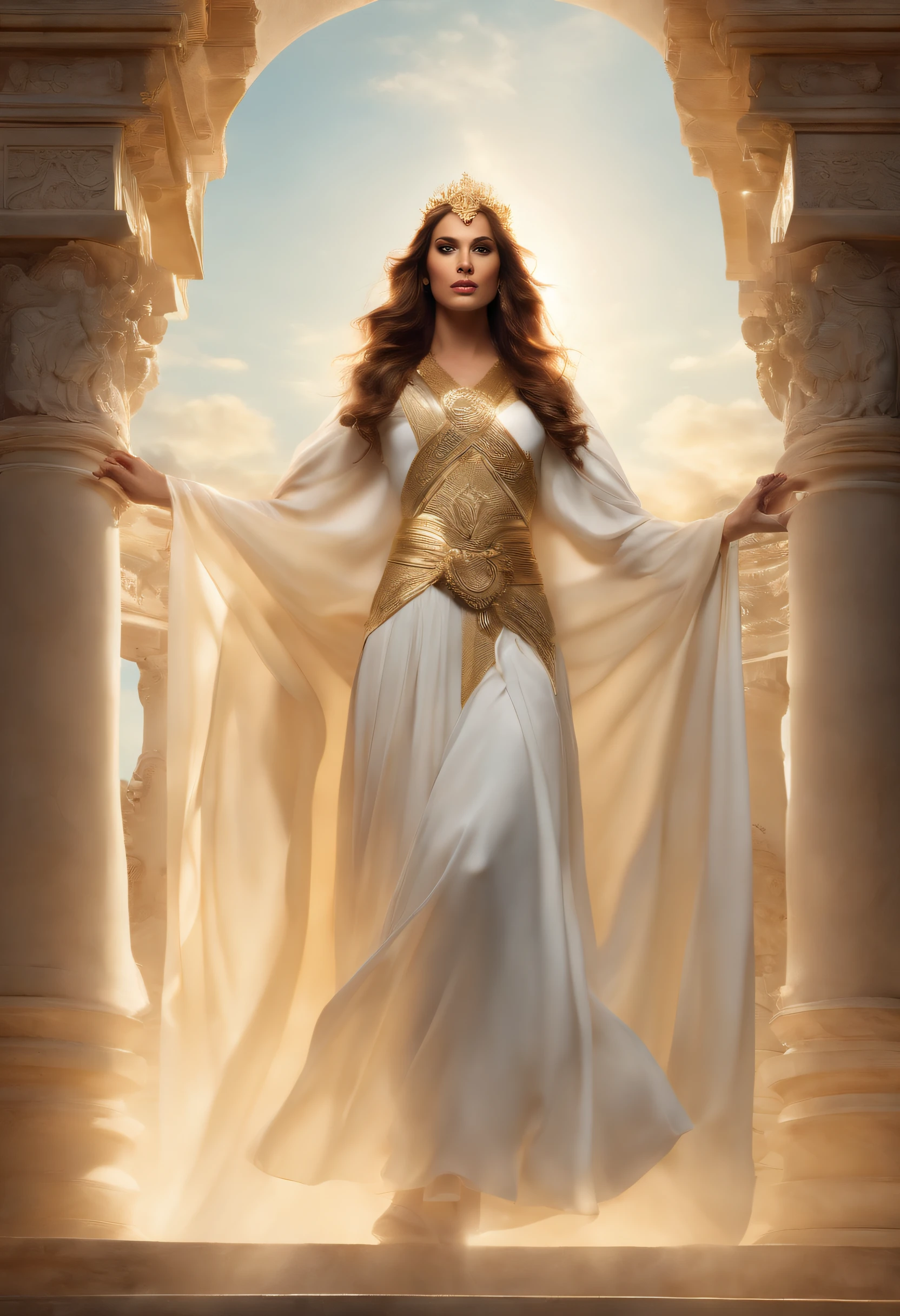 Guerreira. Deusa Athena, divindade grega. Vestes longas branca e dourada, cabelos loiros. standing full-body. ao fundo no monte olimpo, colunas gregas e arquitetura grega. adornos dourados. estilo mito. poder e magia, mistic.