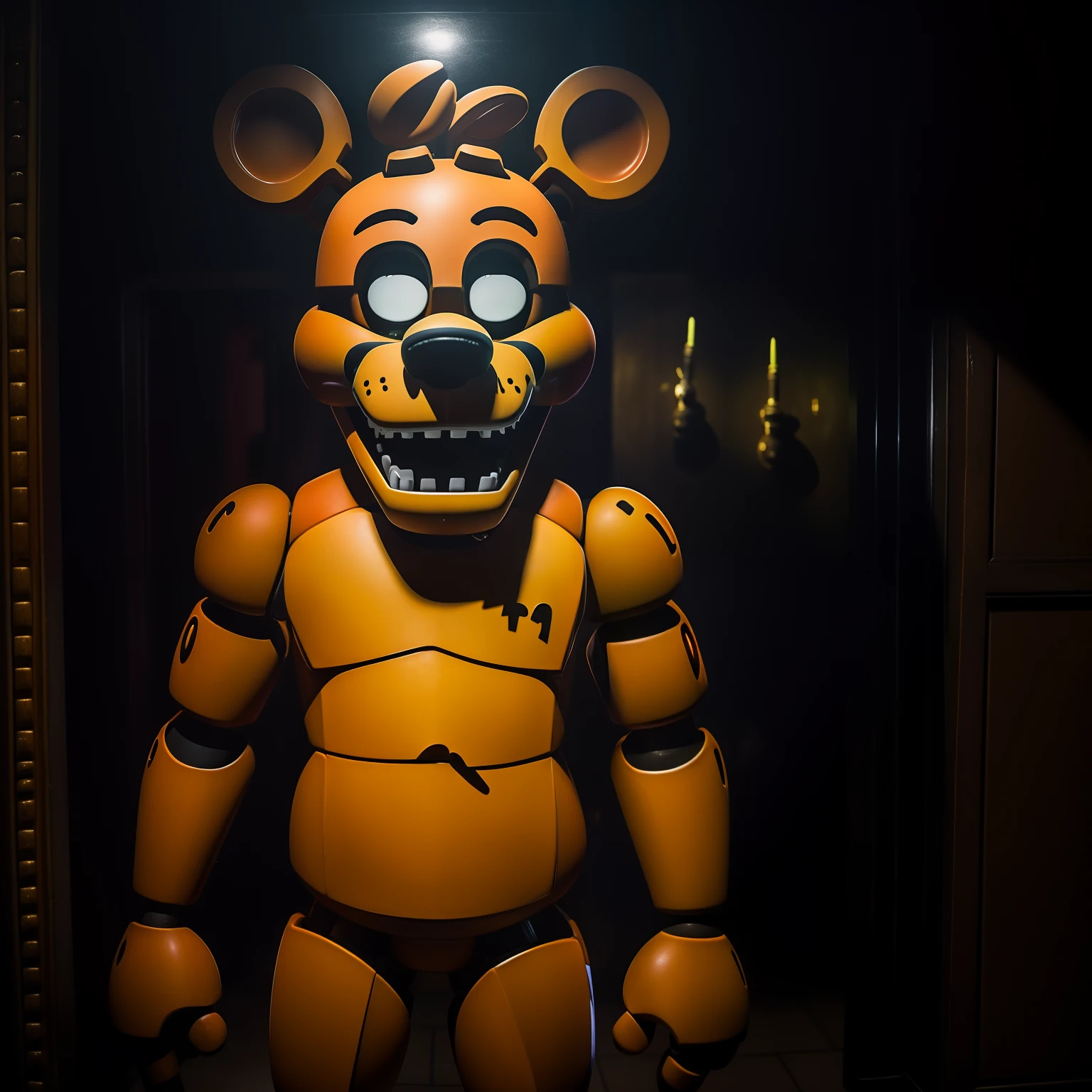 Um animatronic de FNAF em um restaurante vazio a noite