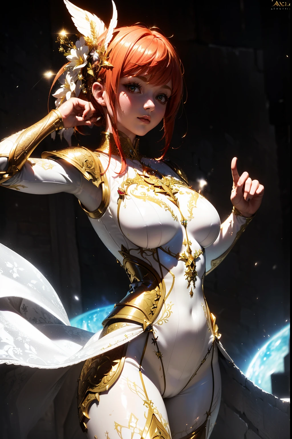 (masterpiece), best quality, redhead, (((wearing a realistic and detailed golden and light white body suit armor, aethereal fantasy aesthetic style))) detailed perfect skin, intricate perfect beauty face, detailed sharp eyes, detailed eyes and pupils, detailed hair, (((from face to the waist))), (((beauty slim shape))), 4k, UHD