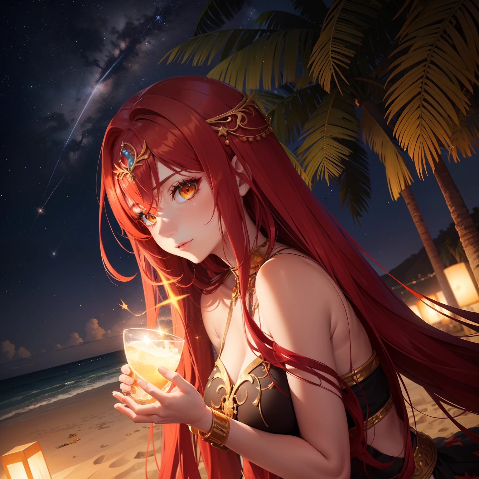 An adult woman with  long red glowing hair and yellow eyes like stars is on the beach in the evening watching the stars, look like a TE KÁ from myth. A beautiful person, surrounded by water. Look like a goodess, ancient outfit like amazon