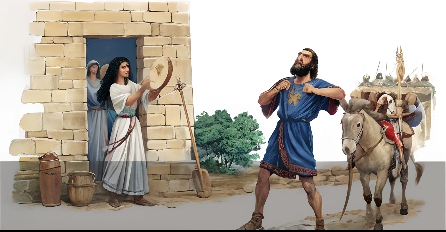 uma pintura de um homem e uma mulher ao lado de um cavalo, biblical painting, segurando um escudo e gladius, epic biblical representation, bible illustration, cena de luta, Davi e Golias, biblical clothing, biblical image, Ancient Biblical, biblical art style, Pintura de Golias, holding a spear, Preparando-se para lutar, Directed by: Robert Koehler, mulheres lutando contra homens