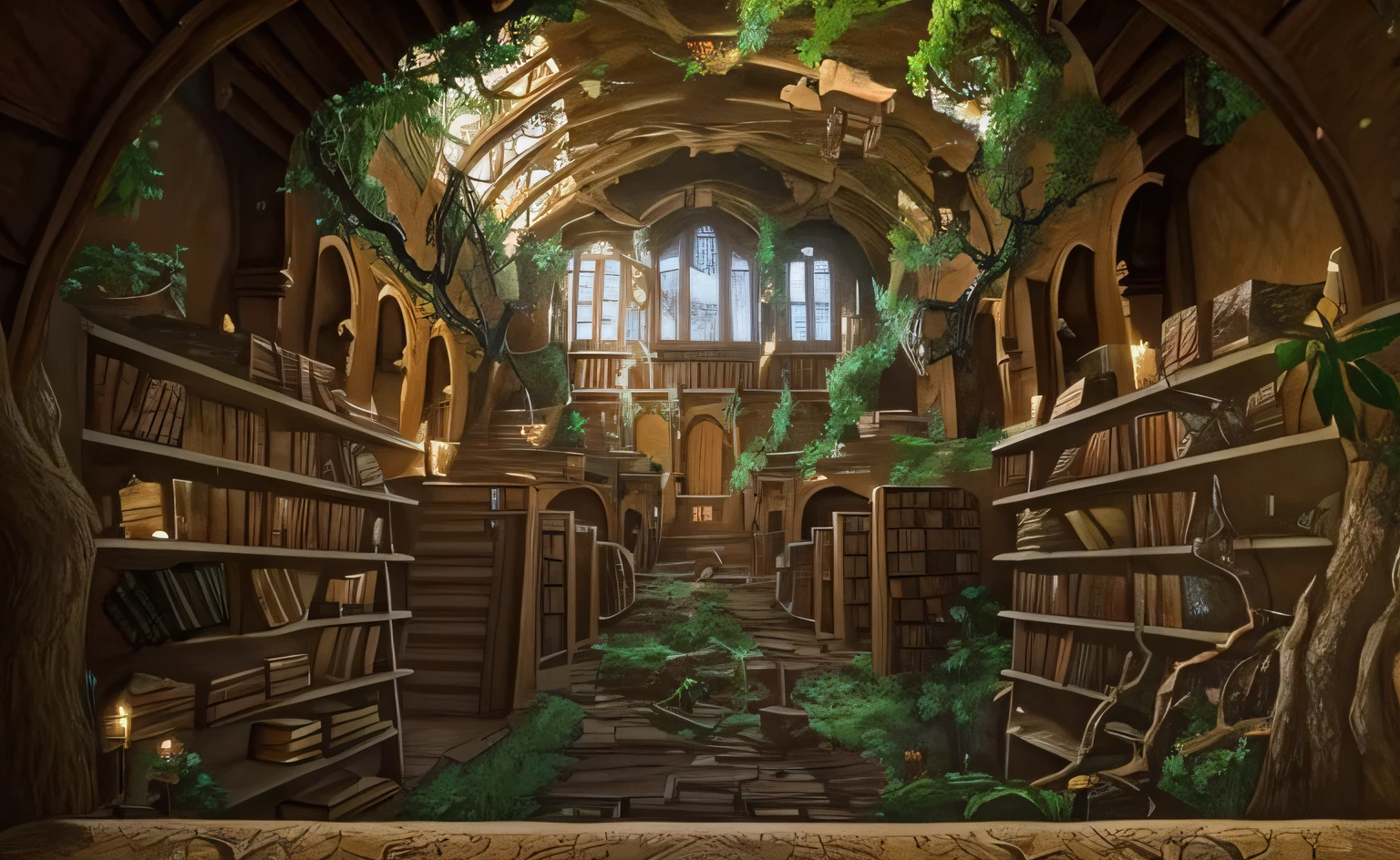 Arafed view of a library with a tree and a path, biblioteca antiga, gothic epic library concept, gothic epic library, uma biblioteca sobrecarregada, Biblioteca de Arte Conceitual de Ruina, gothic library, em uma biblioteca devastada, biblioteca antiga, magical atmosphere, Fundo da Biblioteca Alquimista, MAGIC LIBRARY, mundo coberto de fantasia, fundo da biblioteca, Biblioteca do Castelo, Uma biblioteca eterna upscalling em tamanho grande mais clara do que a original