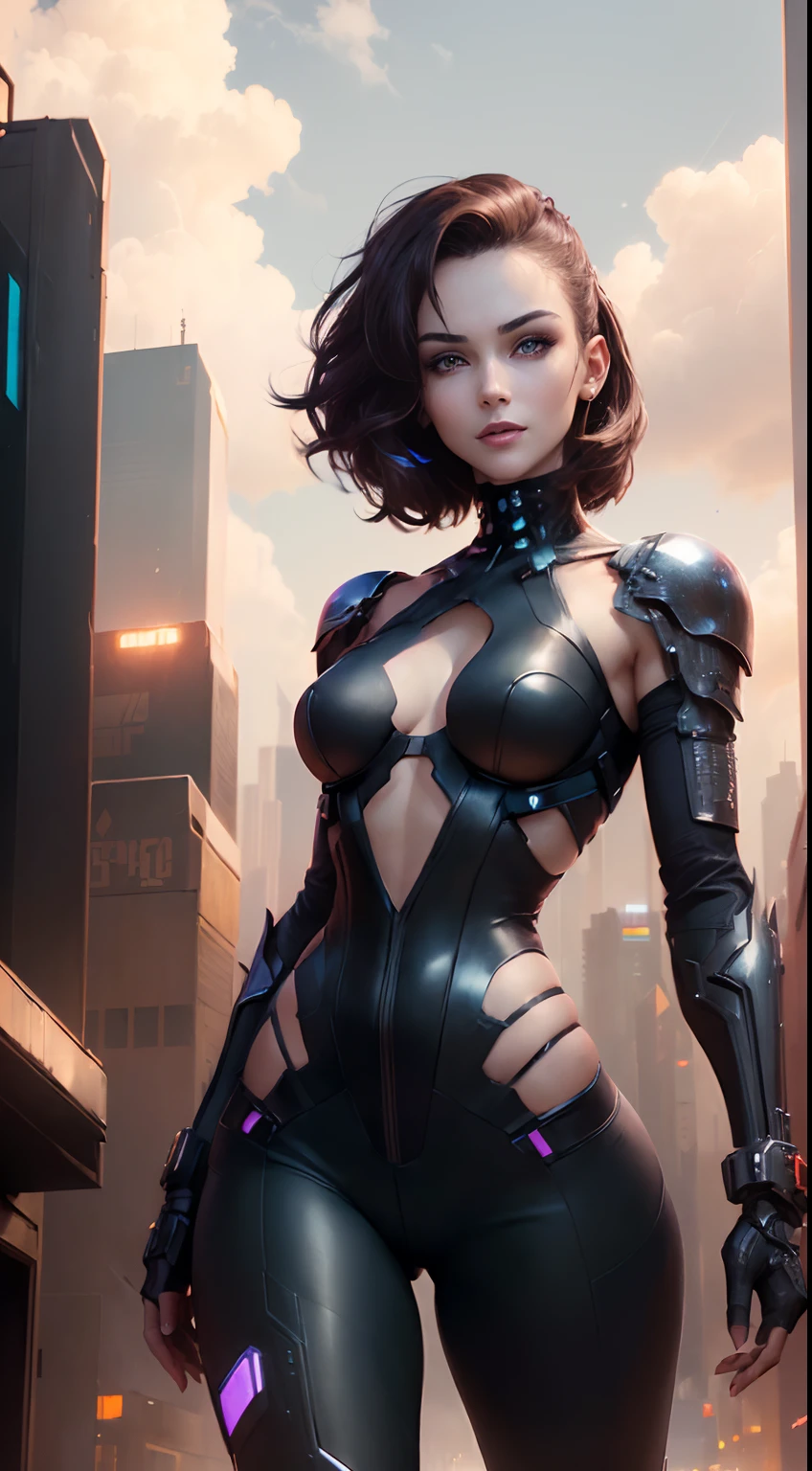 ((Woman with Perfect face & Happy expression & Black cyberpunk dress & Full armor with pants & Ultra-detailed hazel eyes & Tall & Slender & Pale skin & Dark brown hair cascading down to your shoulders & Small bust & hourglass figure, detailed hands))|, She Is Running On The Rooftops, Dynamic adventurer Poses, Background Futuristic Night City,|