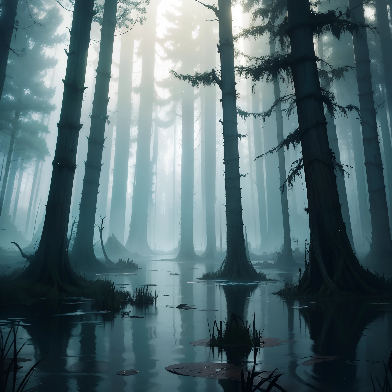 A creepy swamp, sci-fi horror, dramatic lighting, 4k, arte conceitual, altamente detalhado, Volumetric lighting, global ilumination, octan render,  Estilo-SwampMagic, Eldritch, cosmico, energia escura