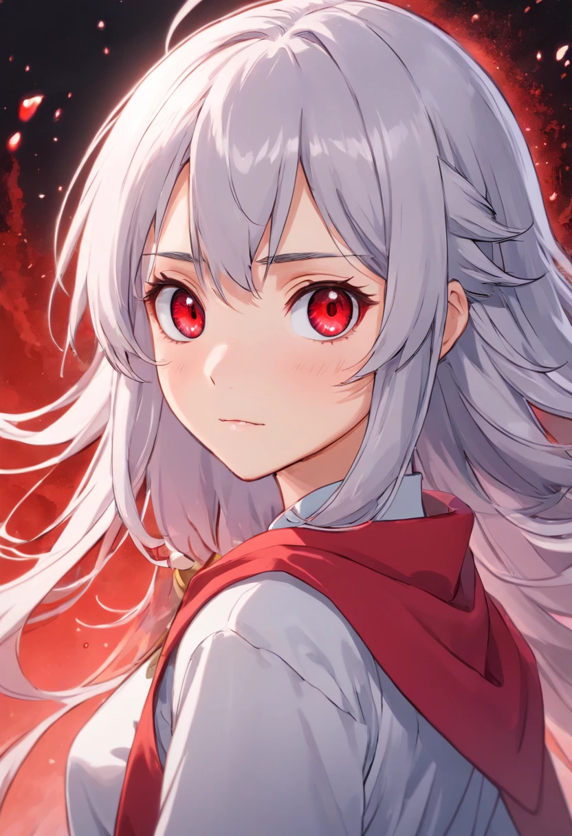 (anime style), anime girl with silver hair, streaked hair, bloodshot eyes, expressionless eyes, (elfien lied style:1.2), vivid color, smooth focus, masterpiece, best quality, intricate line-work,precise details, ultra quality, hd color, high res