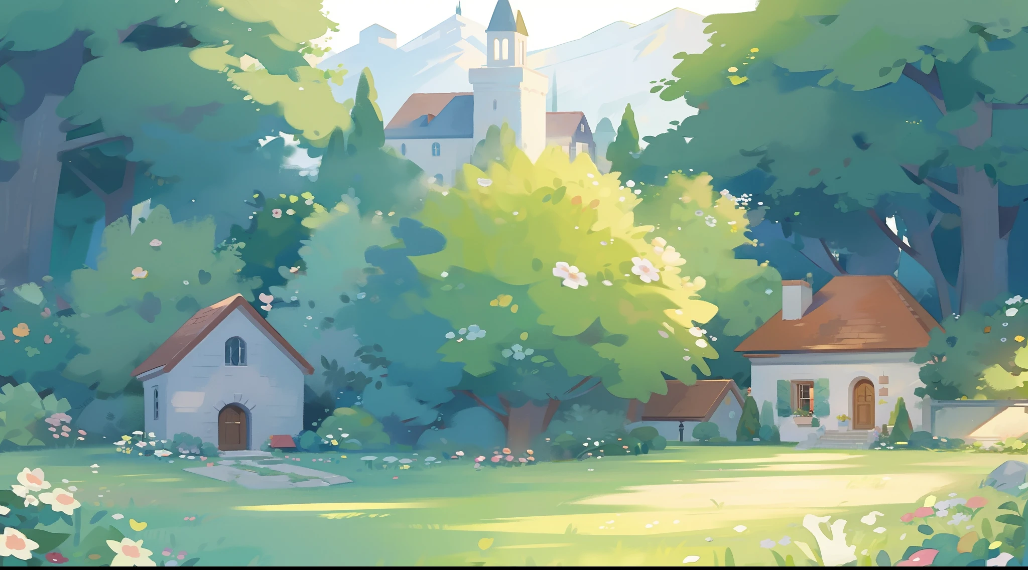 watercolor storybook illustration, hidden huge whimsical asymmetrical castle, warm colors, colorful flower garden, overgrown vines and plants, trees and bushes