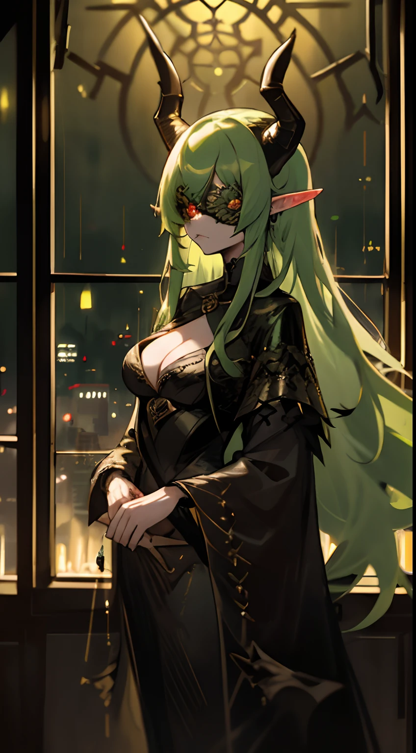 1woman,solo,serious face,magician golden and black outfit,cleavage, blind mask,light green hair, long hair,mature female,elves ears,demon horns,standing in the window,night city