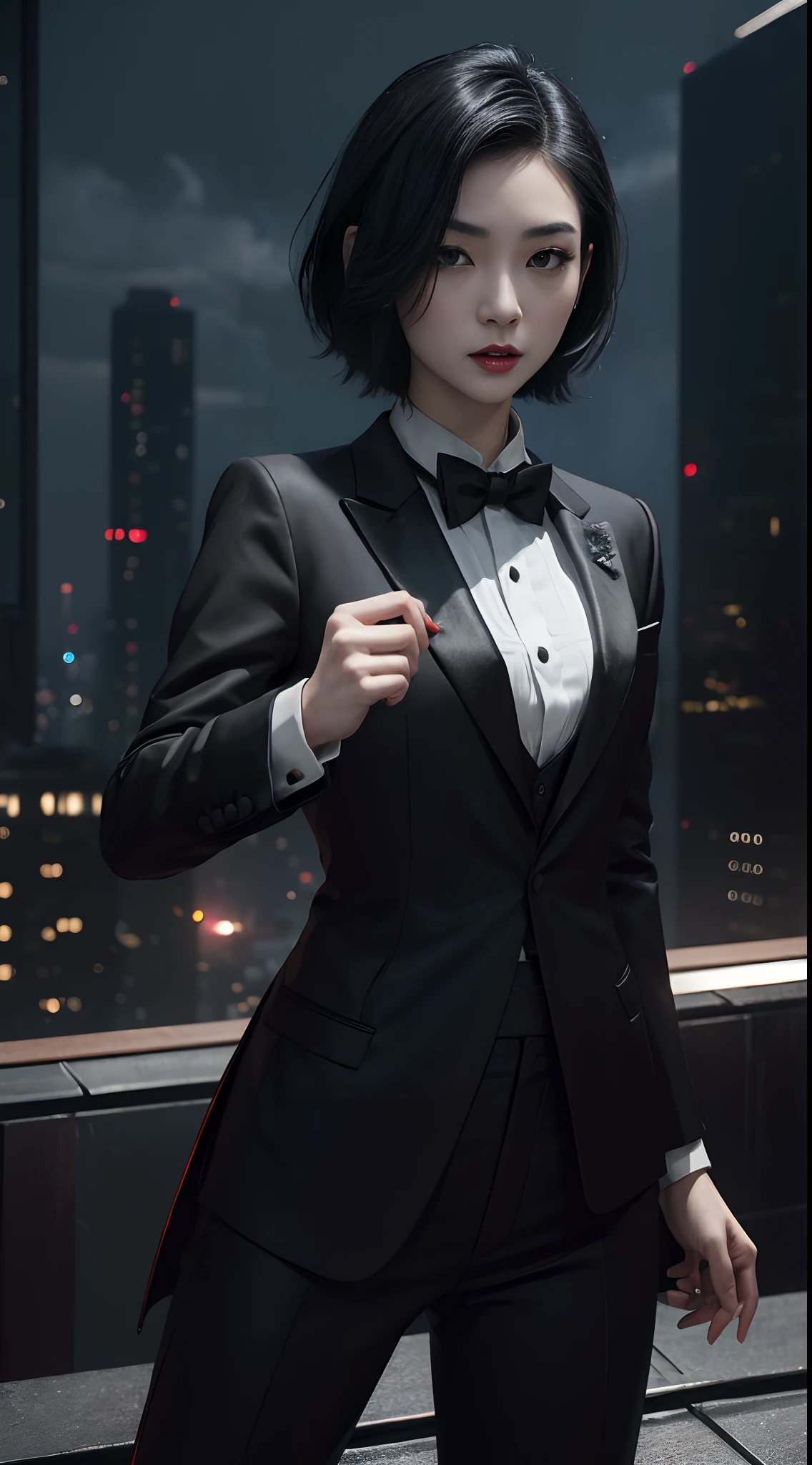 Beautiful, ((androgynous woman)), black pupils, black undercut hair, lithe, wearing a black tuxedo, standing outside a nightclub, smoking a cigarette, neon backlighting, night, urban envrionment, highly detailed hair, pores, hyper realistic, national geographic, high detail, HDR, postprocessed, award winning, 4K 8K photography, high resolution, depth of field, breathtaking, magnificent, elegant, beautiful, fantastical, grimmer, sigma 18-35mm f/1.8, sharp focus, canon