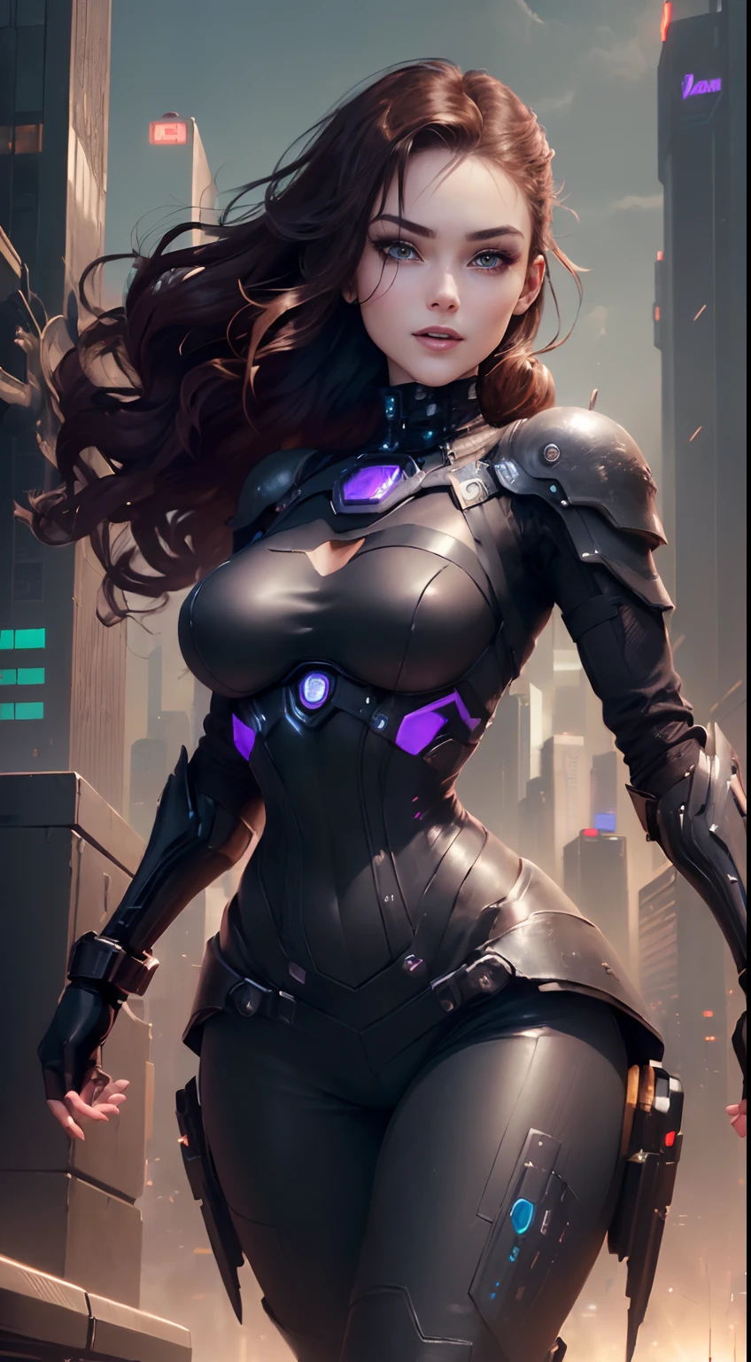 ((Woman with Perfect face & Happy expression & Black cyberpunk dress & Full armor with pants & Ultra-detailed hazel eyes & Tall & Slender & Pale skin & Dark brown hair cascading down to your shoulders & Small bust & hourglass figure, detailed hands))|, She Is Running On The Rooftops, Dynamic adventurer Poses, Background Futuristic Night City,|