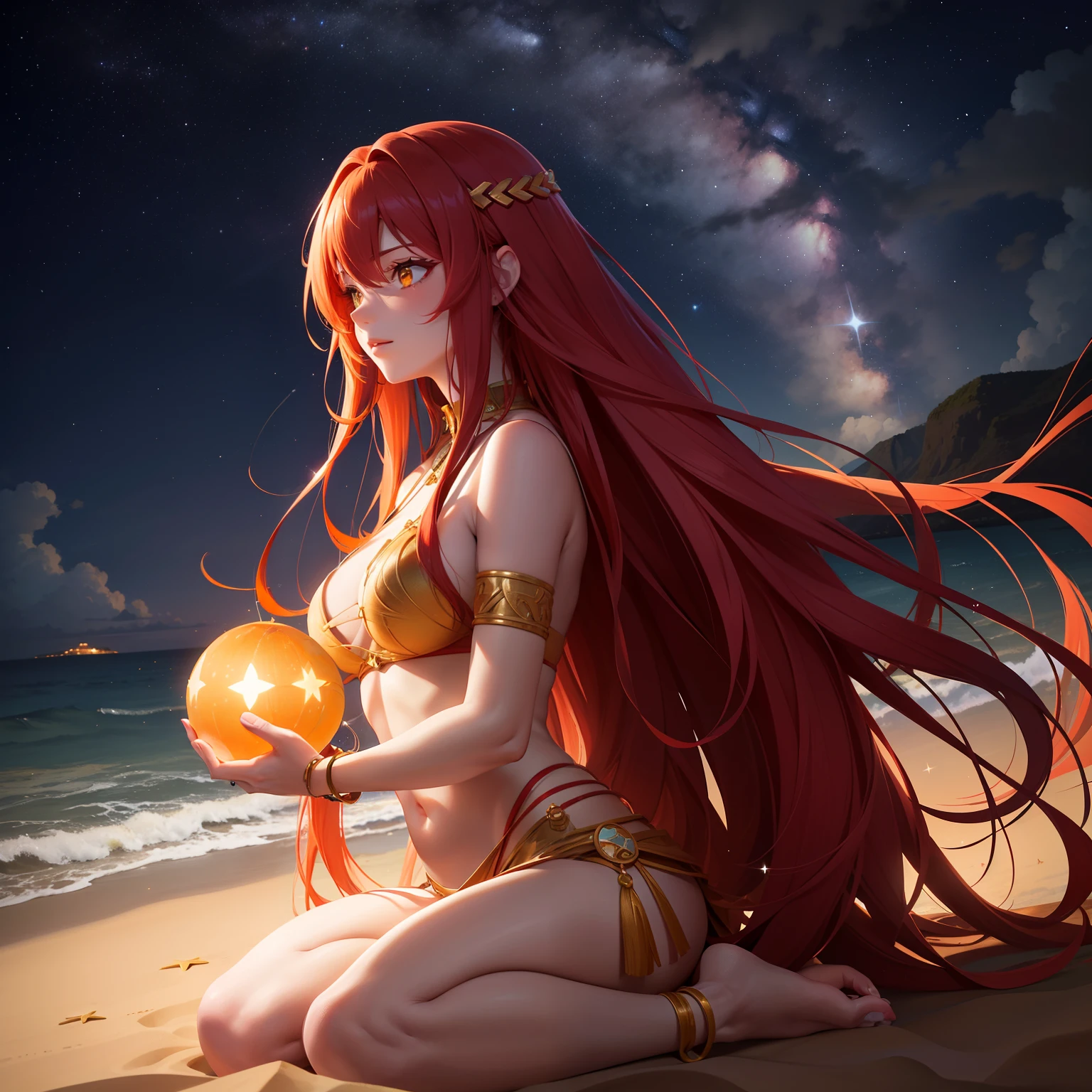 An adult woman with long red glowing hair and yellow eyes like stars is on the beach in the evening watching the stars, look like a TE KÁ from myth. A beautiful person, surrounded by water. Look like a goodess, ancient outfit like amazon