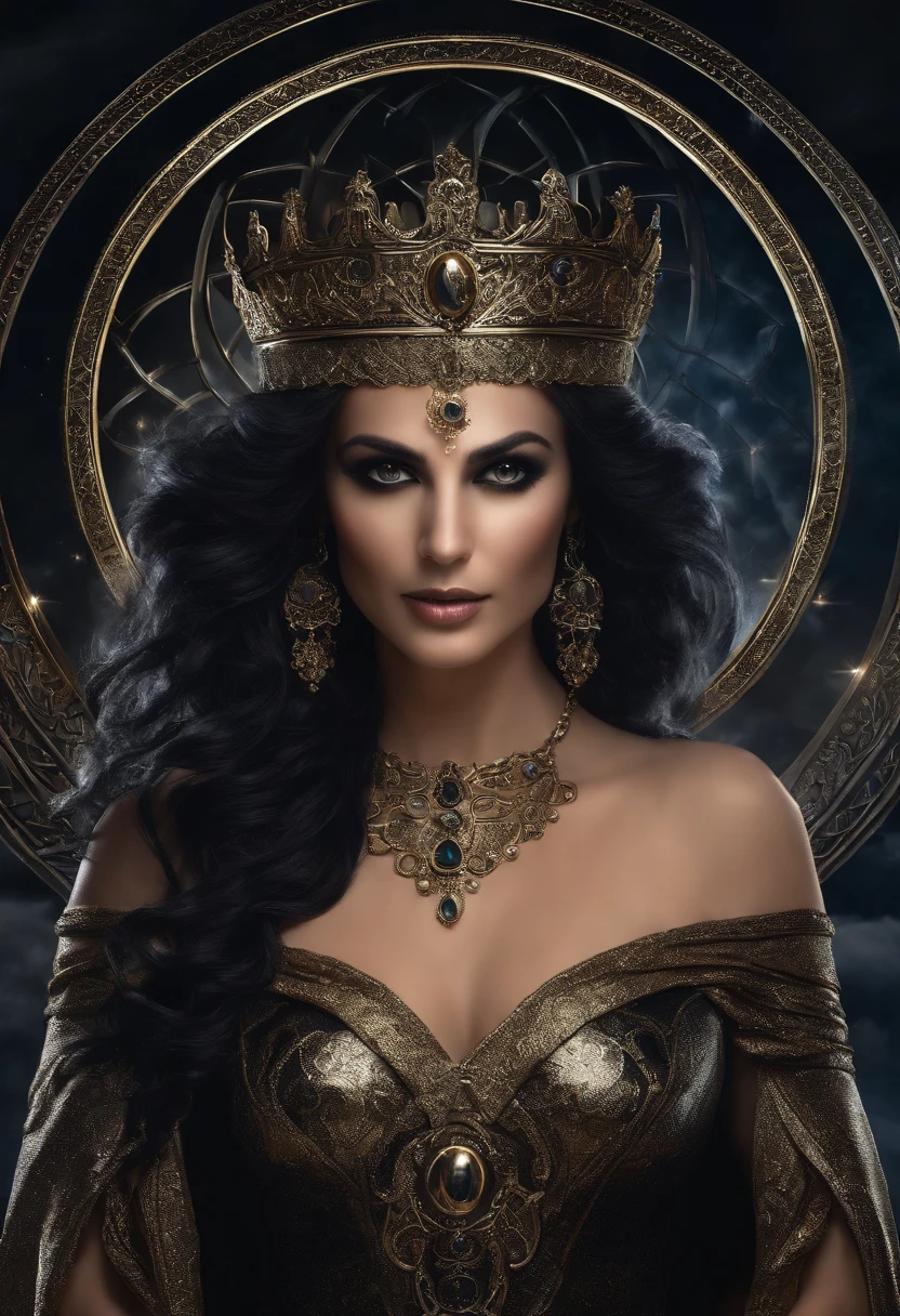 hecate goddess, rainha da magia e do poder, controls shadows and illusion. mulher poderosa, of flowing black robes, cabelos pretos imensamente longos, olhos pretos. poderosa. In the background the night with the full moon and dark mystical beings.