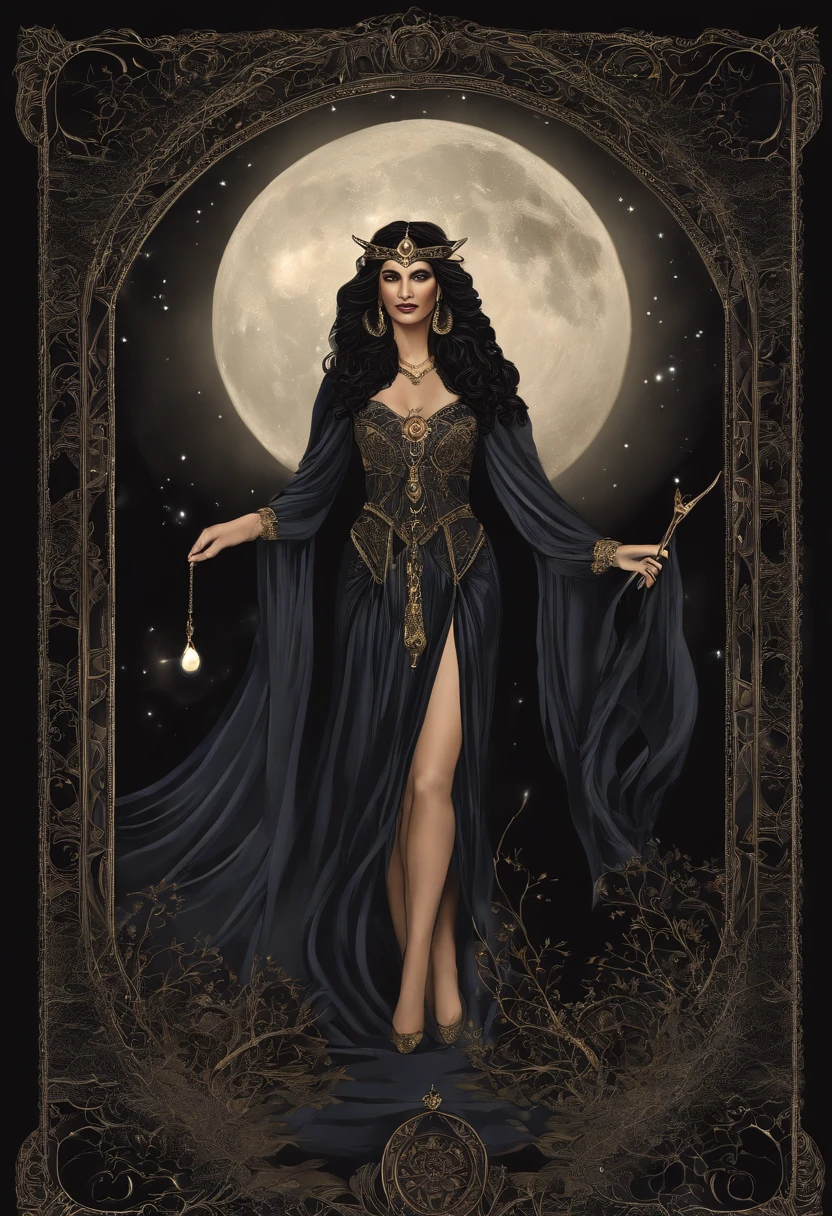 hecate goddess, rainha da magia e do poder, controls shadows and illusion. mulher poderosa, of flowing black robes, cabelos pretos imensamente longos, olhos pretos. poderosa. In the background the night with the full moon and dark mystical beings.