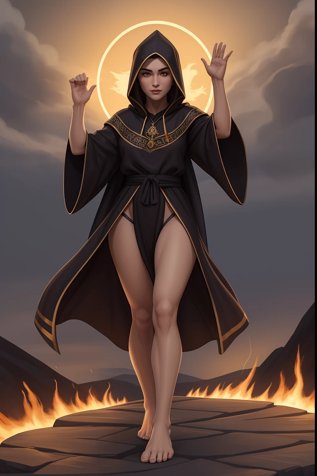 A woman A phoenix Jesus, Moreno, de cabelo afro cabelo caindo para frente, Rasta type but braided,tiro de corpo inteiro, Olhos firmes, olhando para frente, Lightning in the sky, arms extended, olhando para frente, parado no topo de uma montanha, manto e capa vermelhos, cruz brilhante no a , com seios bonitos, Perfect Summoning Body, Barefoot female, Levitando, Hooded robes and arms raised on a broken earth;, luz de lava brilhante de baixo do campo de asteroides (rochas irregulares, pedregulhos e detritos disparando para o com , 4K realista com penas laranjas, with a serious expression and looking forward, corpo inteiro. a wide thigh is beautiful a woman, com seios lindos corpo perfeito, uma coxa larga, is beautiful a destination with ,vario expression sexual pose, erótic