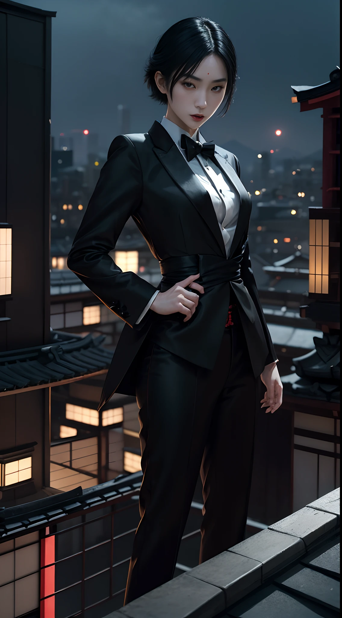 (A beautiful 25 years old Japanese female vampire:1.4), (short black hair:1.2), (pale skin), (detailed skin:1.4), (serious face), (wearing black tuxedo:1.4), (waist up shot:1.2), view from front, (dynamic action pose:1.2), (chiaroscuro lighting:0.8), (building rooftop at night:1.2), photo realism, intricate face detail, intricate hand details, highly detailed, vibrant colors, cinematic, 8k, trending on Artstation--style raw