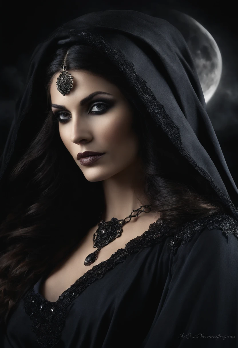 hecate goddess, rainha da magia e do poder, controls shadows and illusion. mulher poderosa, of flowing black robes, cabelos pretos imensamente longos, olhos pretos. poderosa. In the background the night with the full moon and dark mystical beings. estilo mito. poder e magia. mistic. humanizada.