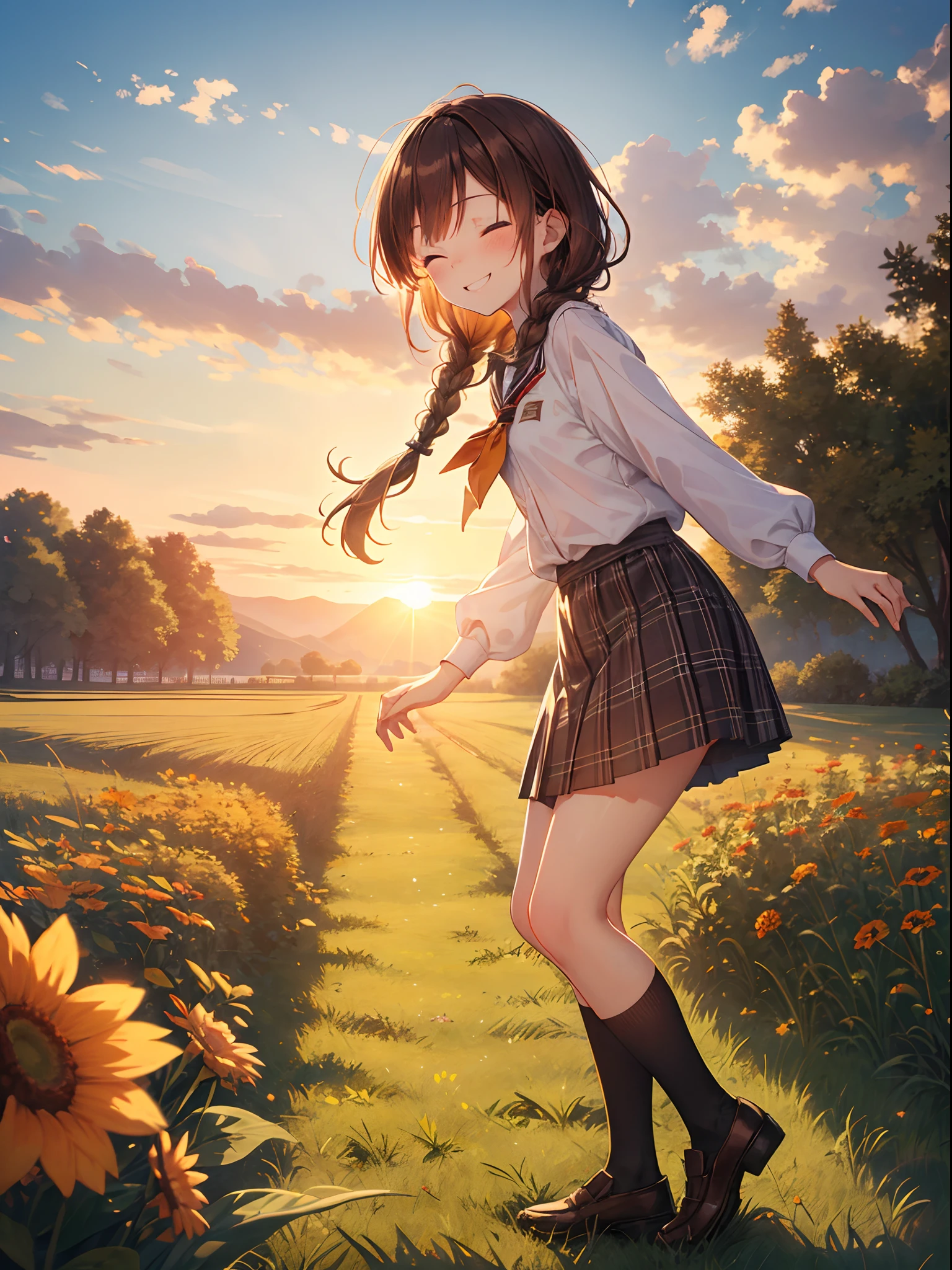 Top Quality, Best Masterpiece, 1 Woman, Solo, 20 Years Old, Low Angle, (One Eye Closed: 1.4), Happy Smile, Close Your Mouth, Brown Single Braid, White School Uniform, Black Socks, Plaid Skirt, Blushing, Red Eye, Evening, Lots of Countryside, Big Sunset, Orange View, Small Necklace,