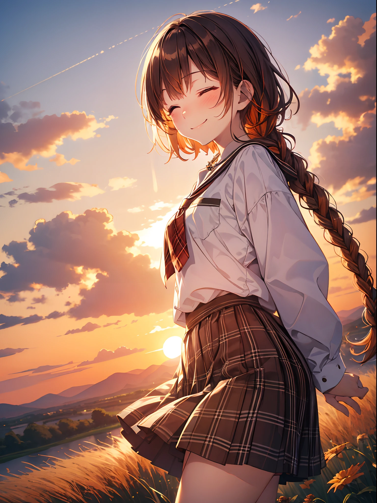 Top Quality, Best Masterpiece, 1 Woman, Solo, 20 Years Old, Low Angle, (One Eye Closed: 1.4), Happy Smile, Close Your Mouth, Brown Single Braid, White School Uniform, Black Socks, Plaid Skirt, Blushing, Red Eye, Evening, Lots of Countryside, Big Sunset, Orange View, Small Necklace,