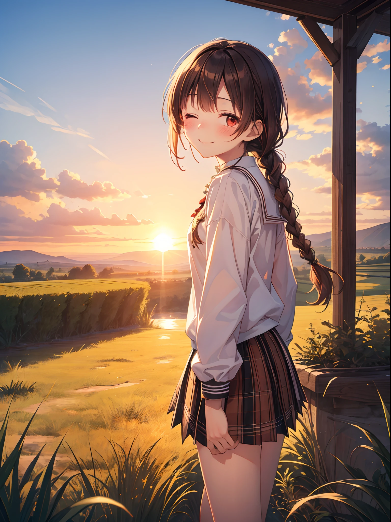 Top Quality, Best Masterpiece, 1 Woman, Solo, 20 Years Old, Low Angle, (One Eye Closed: 1.4), Happy Smile, Close Your Mouth, Brown Single Braid, White School Uniform, Black Socks, Plaid Skirt, Blushing, Red Eye, Evening, Lots of Countryside, Big Sunset, Orange View, Small Necklace,