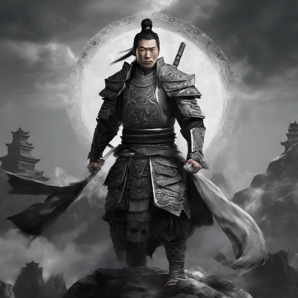 Huge Chinese imperial palace，Wide square，the night，themoon、Standing a handsome man in purple armor，Deep purple armor，Dragon helmet，Black sword in hand，Black Sword