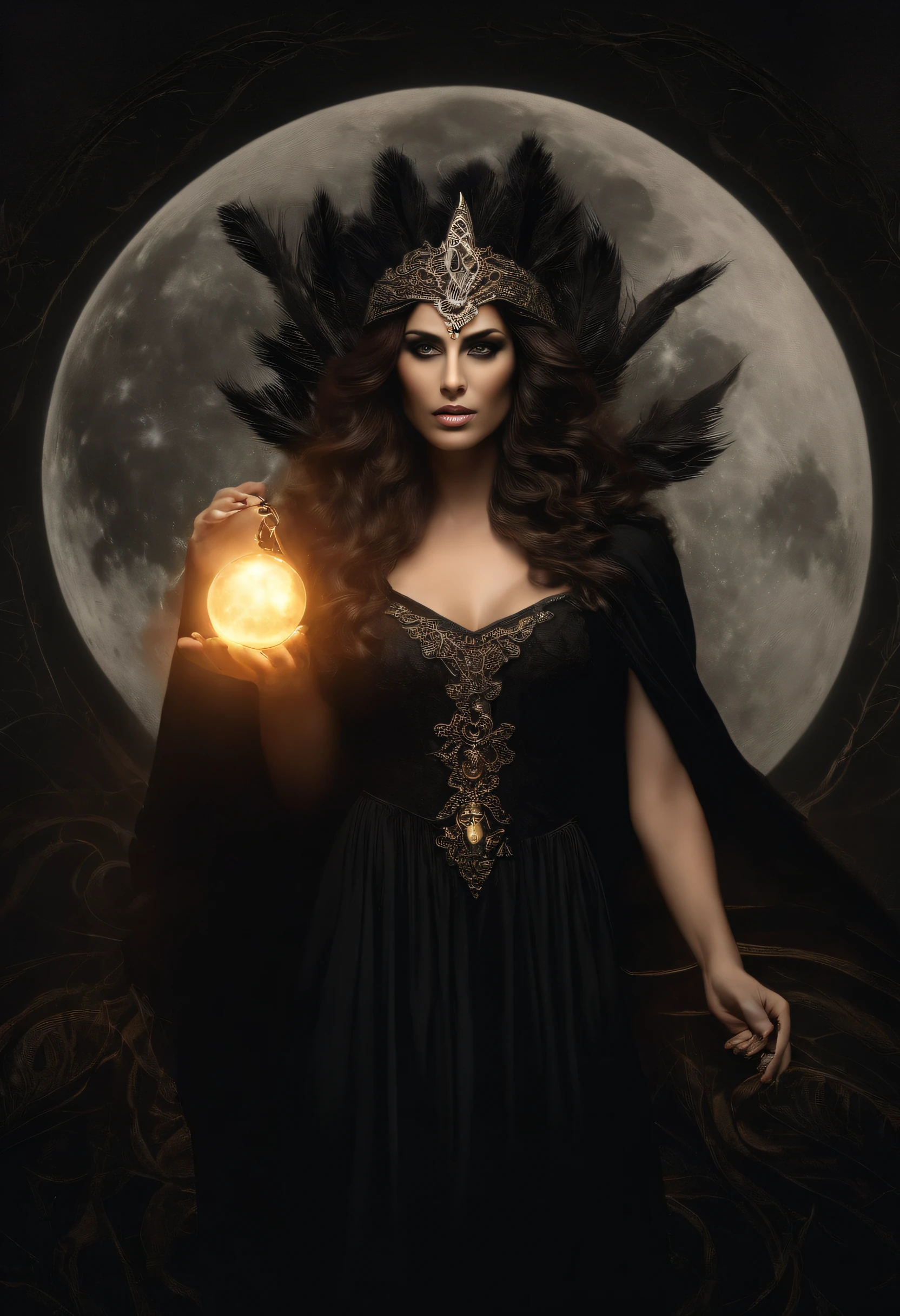 hecate goddess, rainha da magia e do poder, controls shadows and illusion. mulher poderosa, of flowing black robes, cabelos pretos imensamente longos, olhos pretos. poderosa. In the background the night with the full moon and dark mystical beings. estilo mito. poder e magia. mistic. humanizada.
