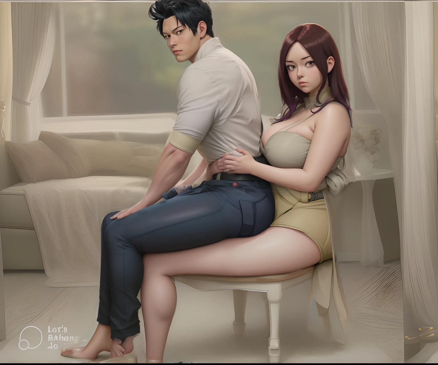 Detailed picture of anime my hero academia heavy man sitting on curvy thick Camie Utsushimi lap. Camie Utsushimi hands wrapped around man waist.