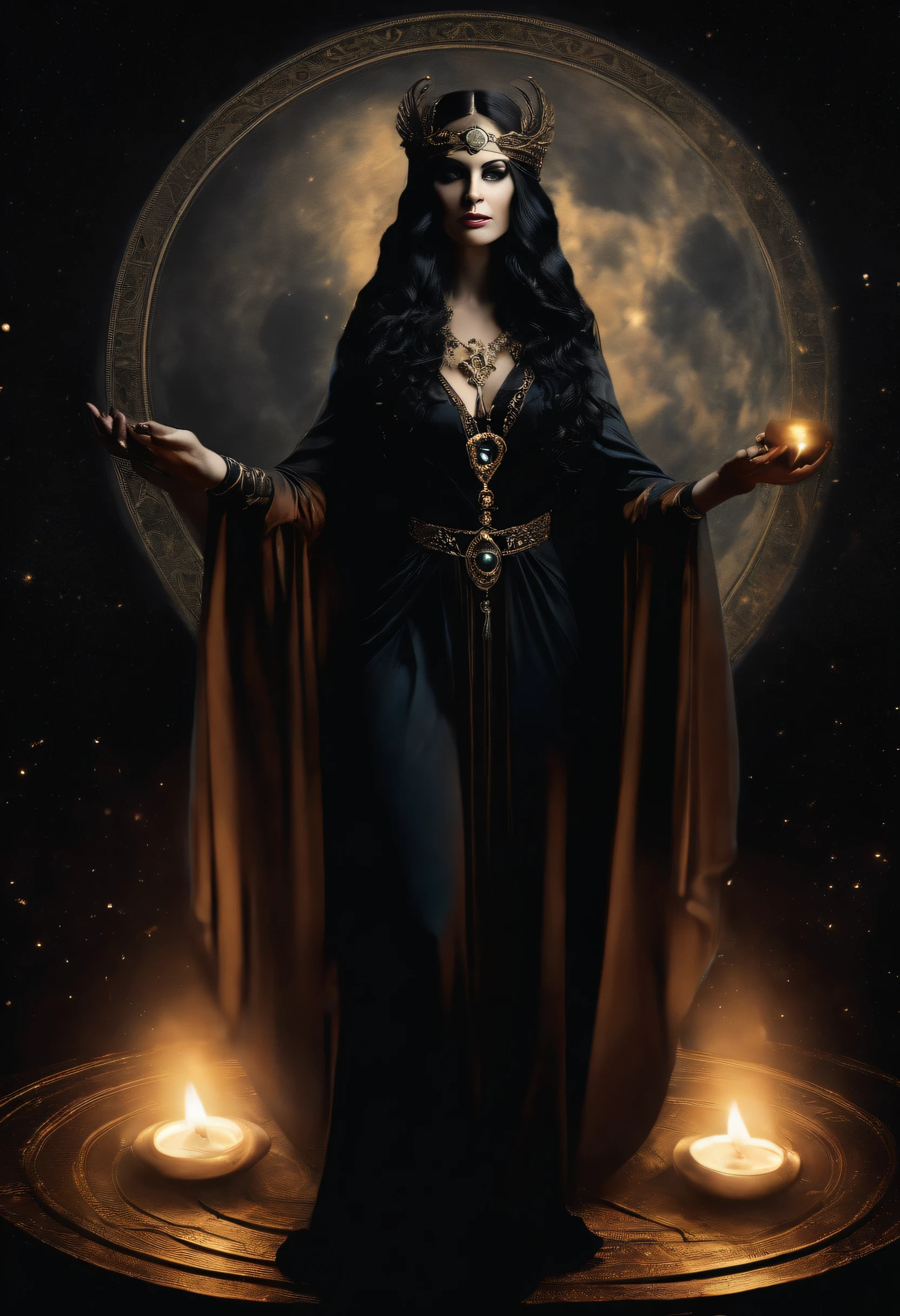 hecate goddess, rainha da magia e do poder, controls shadows and illusion. mulher poderosa, of flowing black robes, cabelos pretos imensamente longos, olhos pretos. poderosa. In the background the night with the full moon and dark mystical beings. estilo mito. poder e magia. mistic. humanizada.