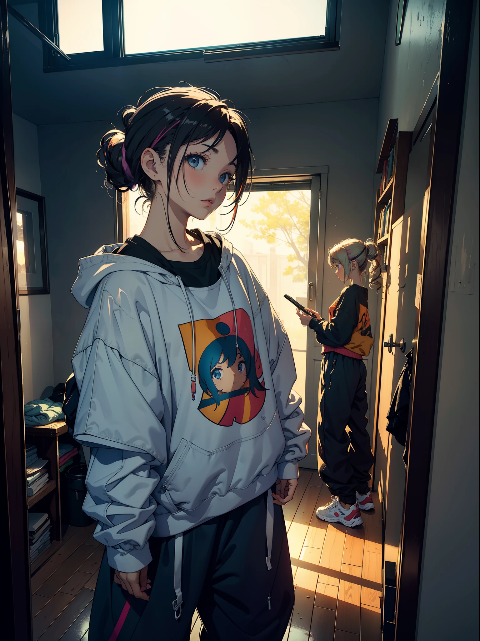 Masterpiece, high Quality, girl, hair tied up, hair with colorful highlights, big clothes, baggy clothes, comfortable clothes, indoors, night, sunset, dark room, distractedly fiddling with something,