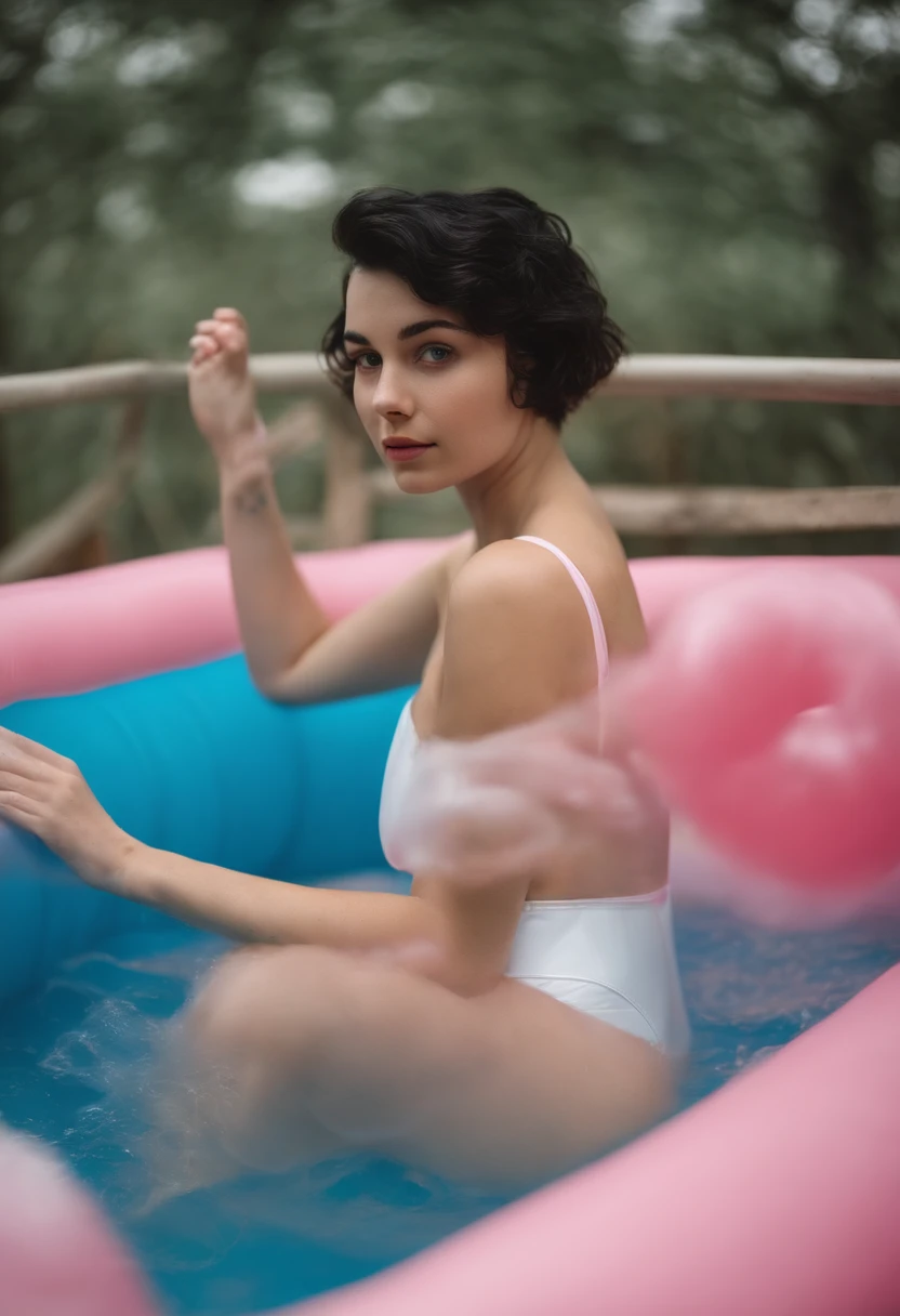 The prompt for Stable Diffusion:
(a girl in a white swimsuit, aged 20, with short hair that is half black and half pink, enjoying a refreshing bath in an inflatable pool)
