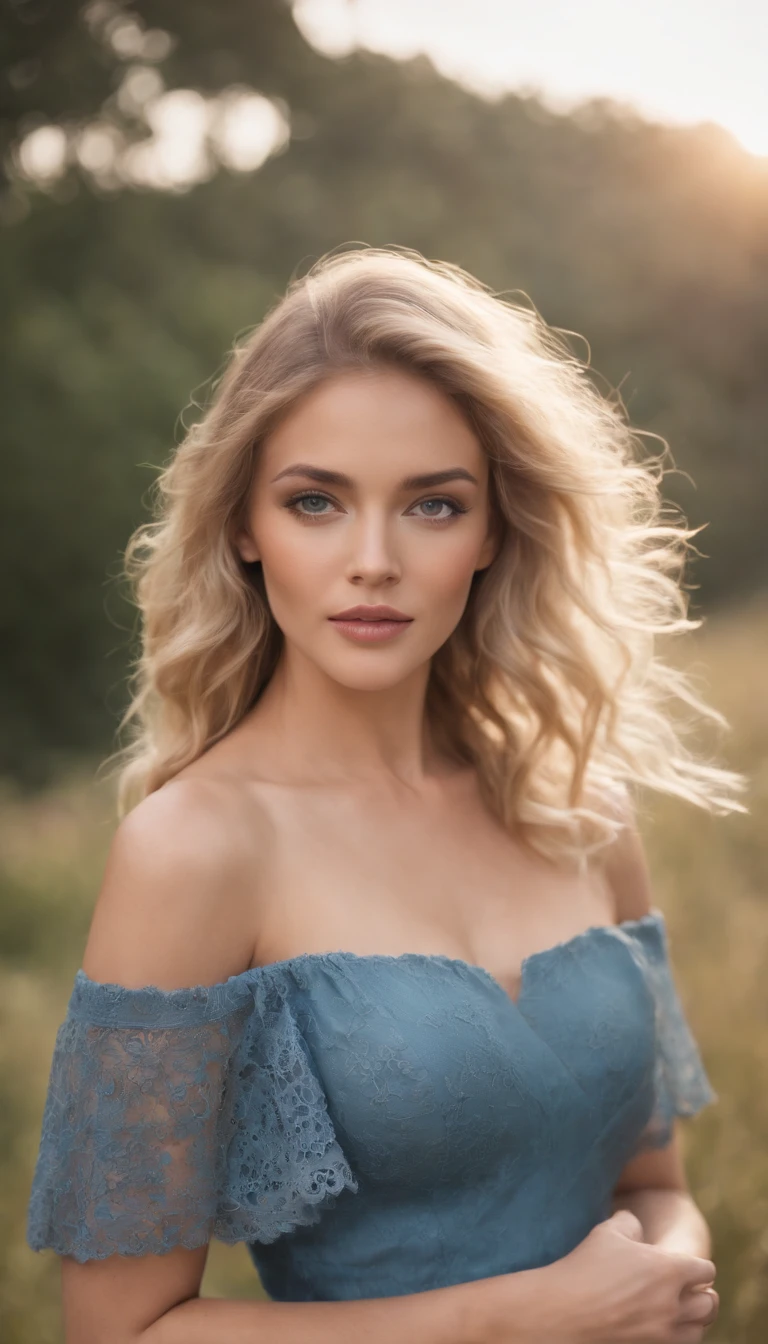 Una hermosa mujer rubia con cabello rizado, ojos azules, brazos, piernas y tetas, piel bronceada, en ropa de verano, manos sosteniendo su cabello, Hermoso paisaje natural, muy detallado, muy realista