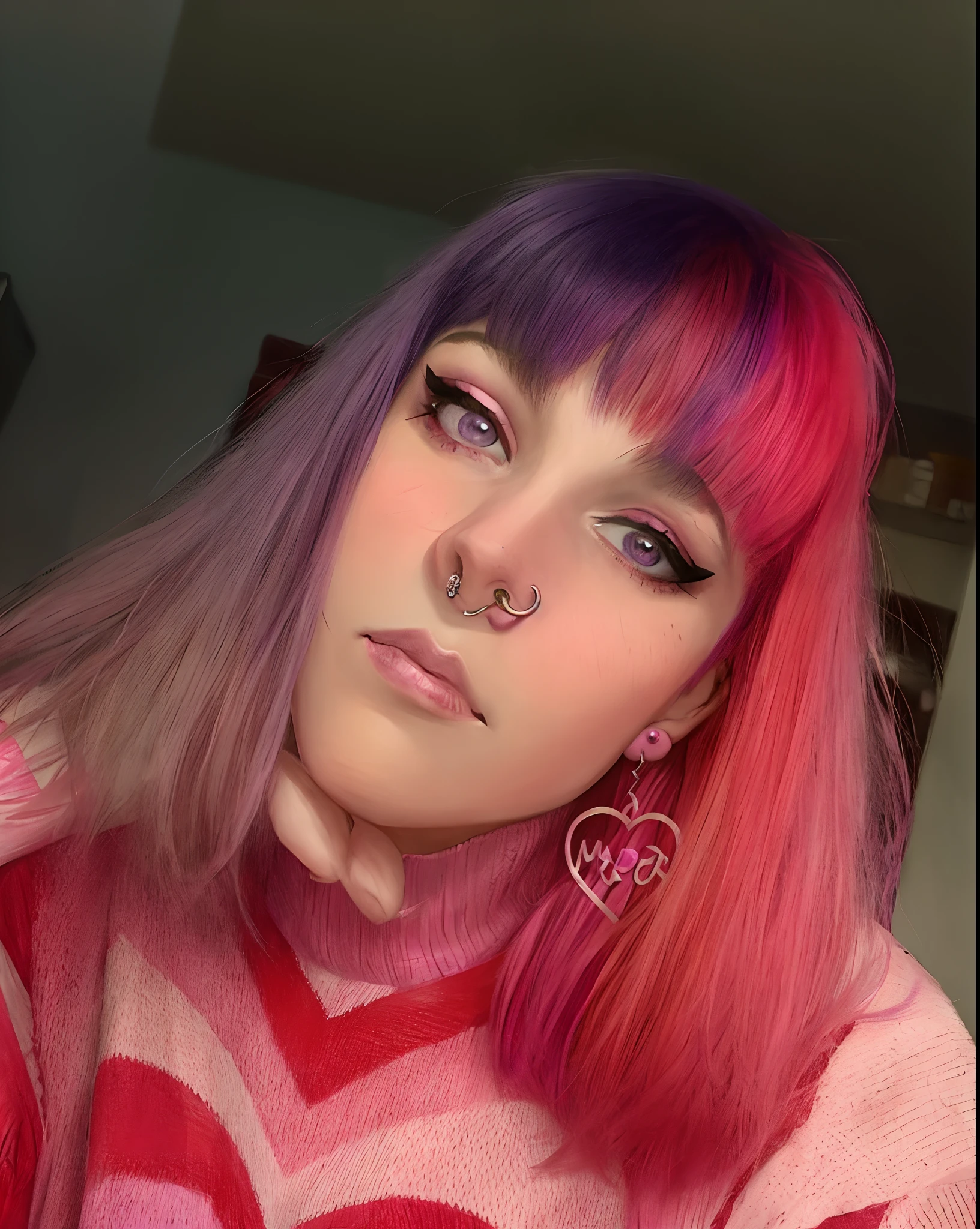 arafed woman with pink and purple hair and piercings, purple and pink hair, light pink hair, pink and purple, with pink hair, huge earrings and queer make up, dyed hair, purple and pink, pink and red color style, pink hair, two tone hair dye, lavender and pink eyes, half & half hair dye