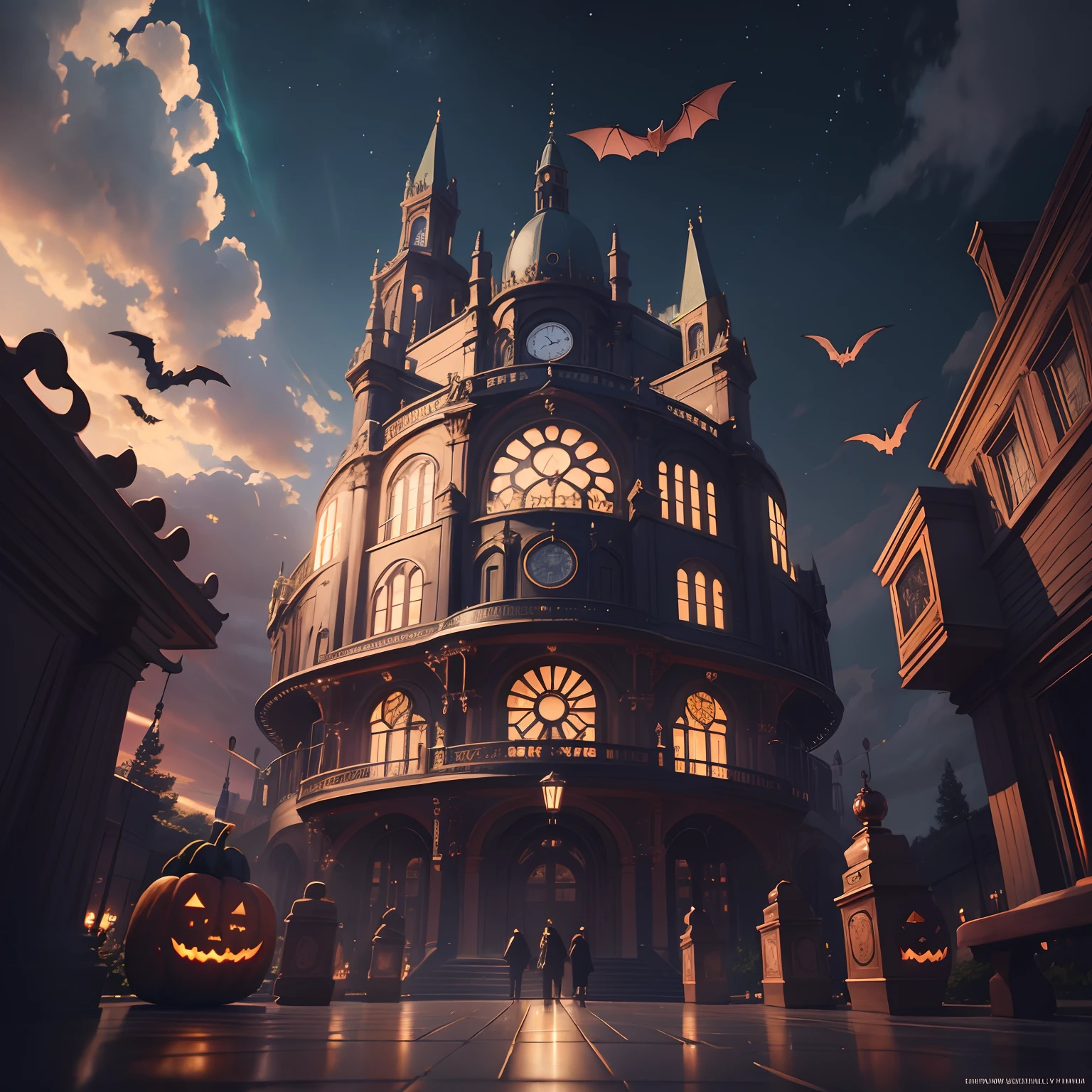 neo-classical, conceptual art, Ray tracing, Sparkle, Ultra-wide angle, kanon, f/4.0, hyper HD, 巨作, Best quality, A high resolution, Award-Awarded, 16k,Alchemy,steampunc,pumpkins,the bats,Flying broom,dreamy sky,