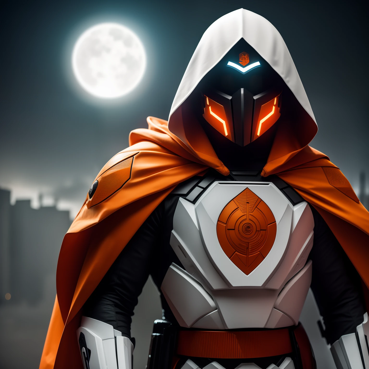 Um soldado sci-fi, with a white cape with a white hood and a mask with bright orange eyes, com seu corpo emanando, sci-fi