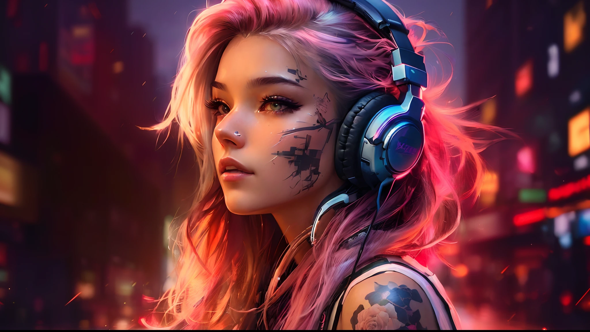 a close up of a person with headphones on in a city, background artwork, beautiful digital artwork, realistic digital art 4k, realistic digital art 4 k, the cyberpunk girl portrait, alice x. zhang, cyberpunk beautiful girl, high quality portrait, aetherpunk airbrush digital art, stunning digital illustration, cyberpunk cyborg. roses, amazing digital art, digital art style