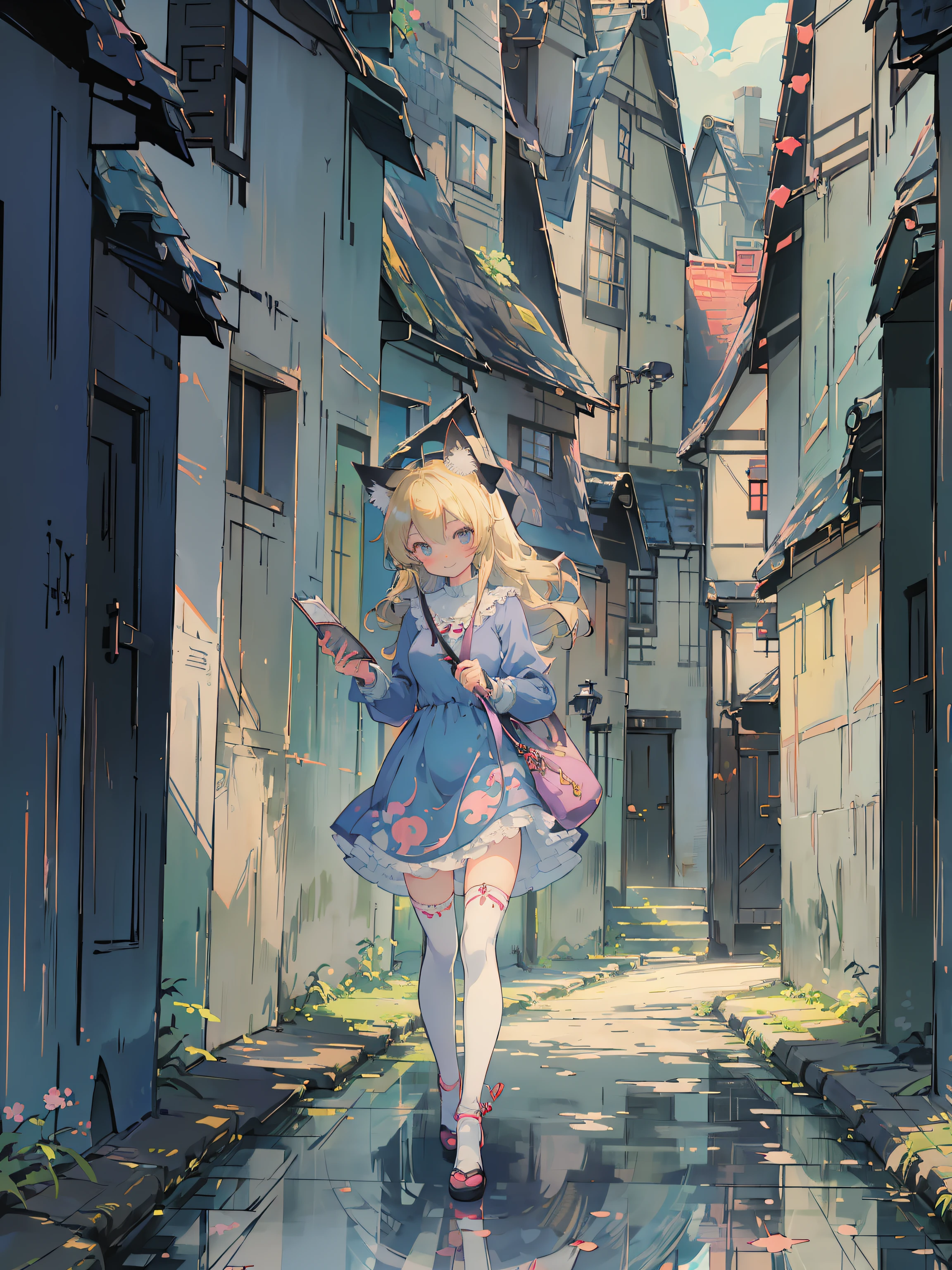 ((masutepiece, Best Quality: 1.1), ((Anime girl in blue dress with travel bag)), anime cat girl in a maid costume,((Autumn sky)), ((a blond))、(The long-haired)、Very Beautiful Anime Cat Girl, anime catgirl, ((white knee highs)), attractive cat girl, inspired by Leiko Ikemura, aya takano color style, in ryuuou no oshigoto art style, Cat Girl, touhou character, Rei Hiroe、With a smile