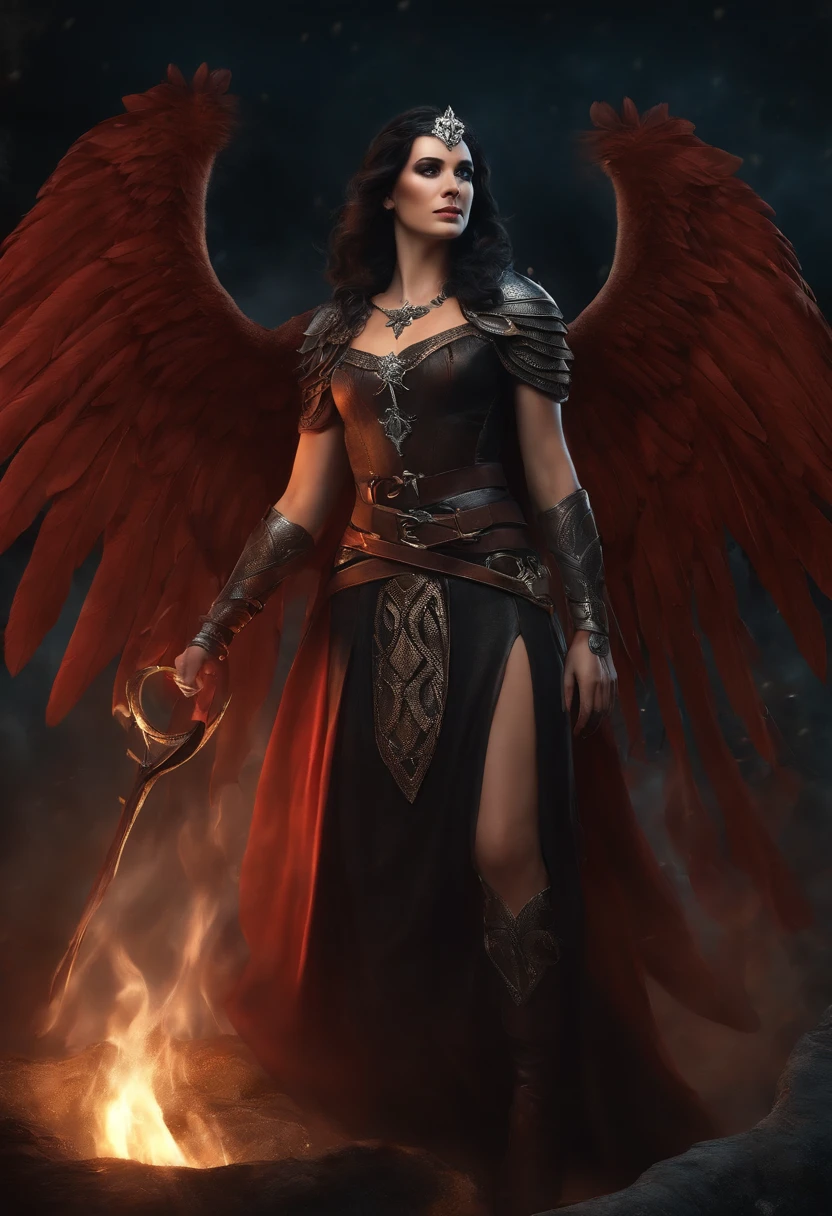 Morrigan, Deusa da guerra na mitologia celta irlandesa, Related to the fury of battle, is described as being able to take the form of any living creature, associada com o corvo. standing full body. fundo com corvos. estilo mito. poder e magia. mistic. medieval.