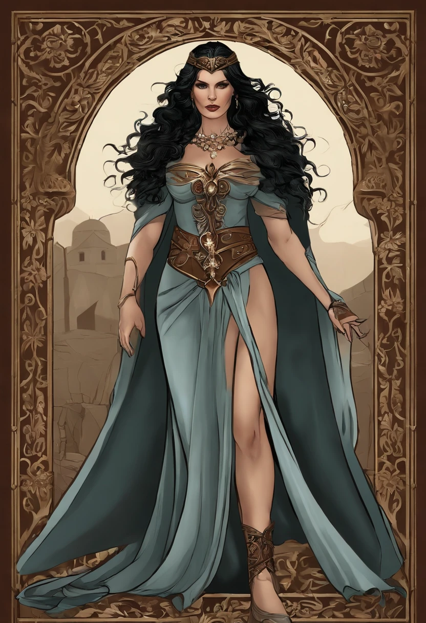 Morrigan, Deusa da guerra na mitologia celta irlandesa, Related to the fury of battle, is described as being able to take the form of any living creature, associada com o corvo. standing full body. fundo com corvos. estilo mito. poder e magia. mistic. medieval.