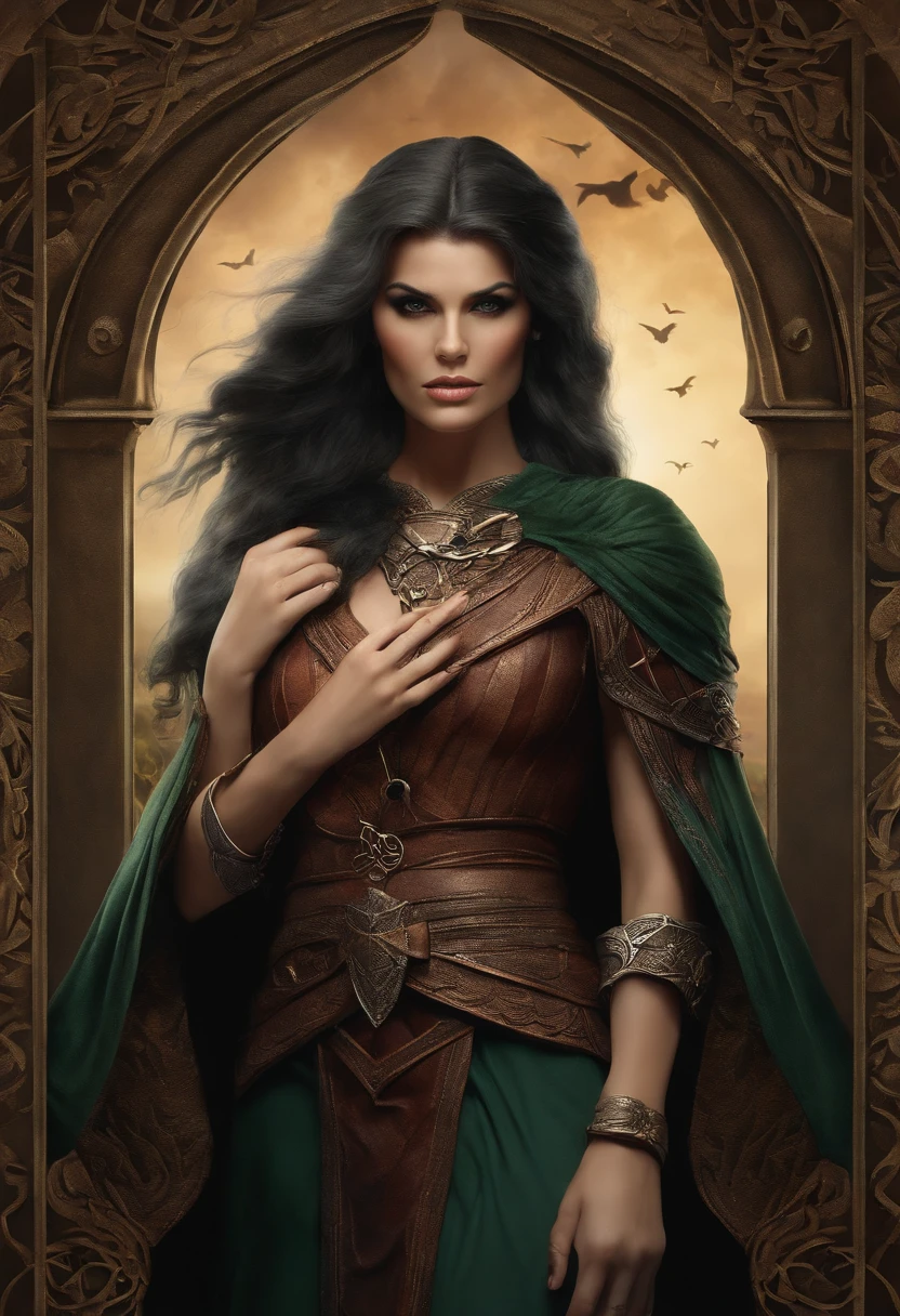 Morrigan, Deusa da guerra na mitologia celta irlandesa, Related to the fury of battle, is described as being able to take the form of any living creature, associada com o corvo. standing full body. fundo com corvos. estilo mito. poder e magia. mistic. medieval.