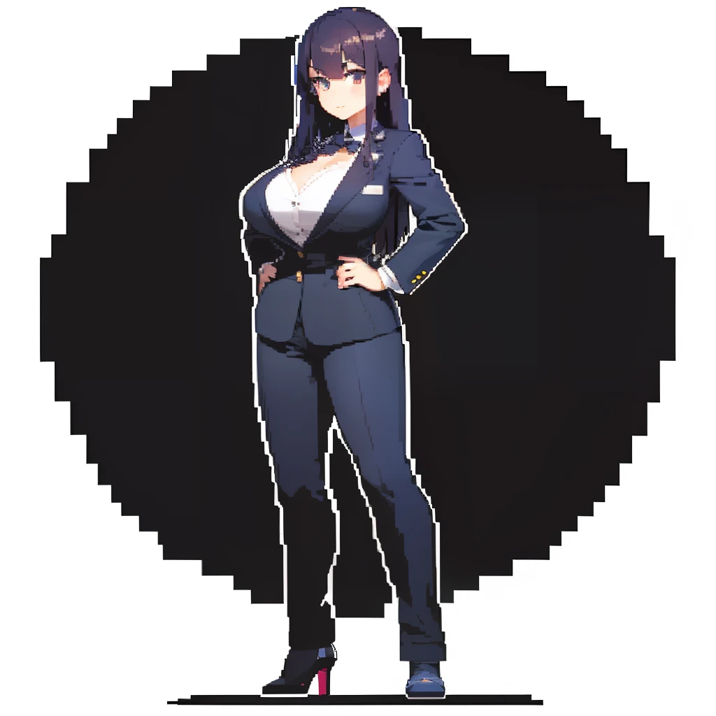 (Solo,Full body,Standing,pixels,pixel art,魅惑的,Big Tits,Business Suit,Smart Woman),1 girl,(White background:1.4),( Clear lines, High Sharpness,Best Quality, Very detailed, masutepiece, Anime )