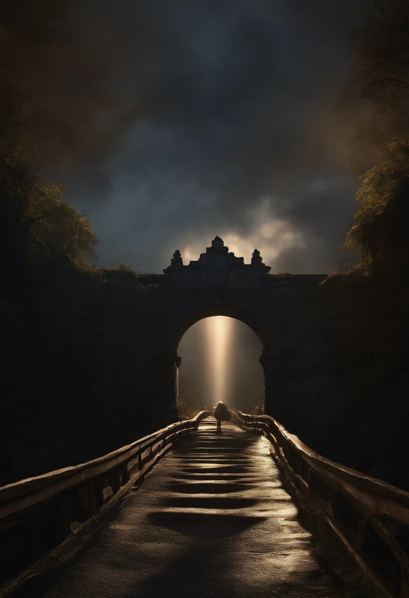 Scene: An old stone bridge stretching over a deep chasm. Half of the bridge is shrouded in darkness and storm, representing "despair", while the other half is lit with a golden glow and has peaceful clouds, representing "hope".
Characters:
Despair: A person kneels on the dark side of the bridge, with torn and wet clothes, looking down into the abyss.
Hope: One person standing on the lit side of the bridge, reaching out to the first person, ready to give a comforting hug.
Camera:
Type: ARRI Alexa LF (for ultra-realistic, deep details).
Position: Slightly elevated, giving a diagonal view of the bridge to capture both sides clearly.
Lighting:
Despair: Cold, bluish light, perhaps an occasional simulated lightning strike.
Hope: Warm, golden light, like a sunset or a dawn.
Reference Artist: Roger Deakins (known for his cinematography in films such as "Blade Runner 2049" and "1917").
Additional References:
"The Lord of the Rings: The Two Towers" for the aesthetics of the bridge and the contrast between light and dark.
"Life is Beautiful" for the feeling of hope in desperate times.
Emphasis and Scoring for Scale and Prioritization:
Contrast between the two sides of the bridge (10/10)
Detail in the characters’ expressions (9/10)
Lighting and atmosphere (8/10)