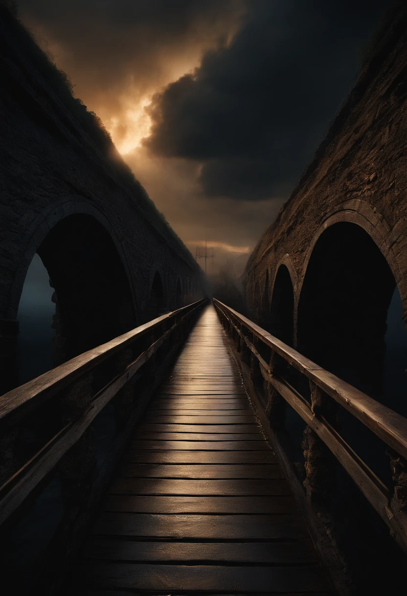 Scene: An old stone bridge stretching over a deep chasm. Half of the bridge is shrouded in darkness and storm, representing "despair", while the other half is lit with a golden glow and has peaceful clouds, representing "hope".
Characters:
Despair: A person kneels on the dark side of the bridge, with torn and wet clothes, looking down into the abyss.
Hope: One person standing on the lit side of the bridge, reaching out to the first person, ready to give a comforting hug.
Camera:
Type: ARRI Alexa LF (for ultra-realistic, deep details).
Position: Slightly elevated, giving a diagonal view of the bridge to capture both sides clearly.
Lighting:
Despair: Cold, bluish light, perhaps an occasional simulated lightning strike.
Hope: Warm, golden light, like a sunset or a dawn.
Reference Artist: Roger Deakins (known for his cinematography in films such as "Blade Runner 2049" and "1917").
Additional References:
"The Lord of the Rings: The Two Towers" for the aesthetics of the bridge and the contrast between light and dark.
"Life is Beautiful" for the feeling of hope in desperate times.
Emphasis and Scoring for Scale and Prioritization:
Contrast between the two sides of the bridge (10/10)
Detail in the characters’ expressions (9/10)
Lighting and atmosphere (8/10)