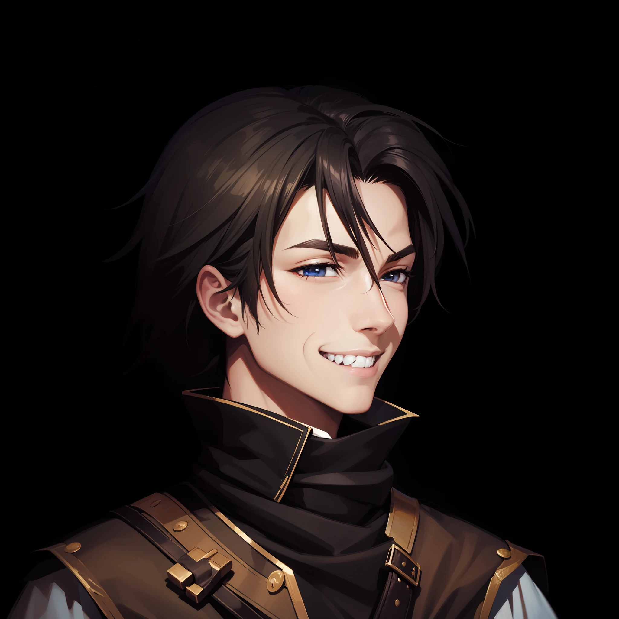 Homem, cabelo preto, roupas medievais, sorrindente.