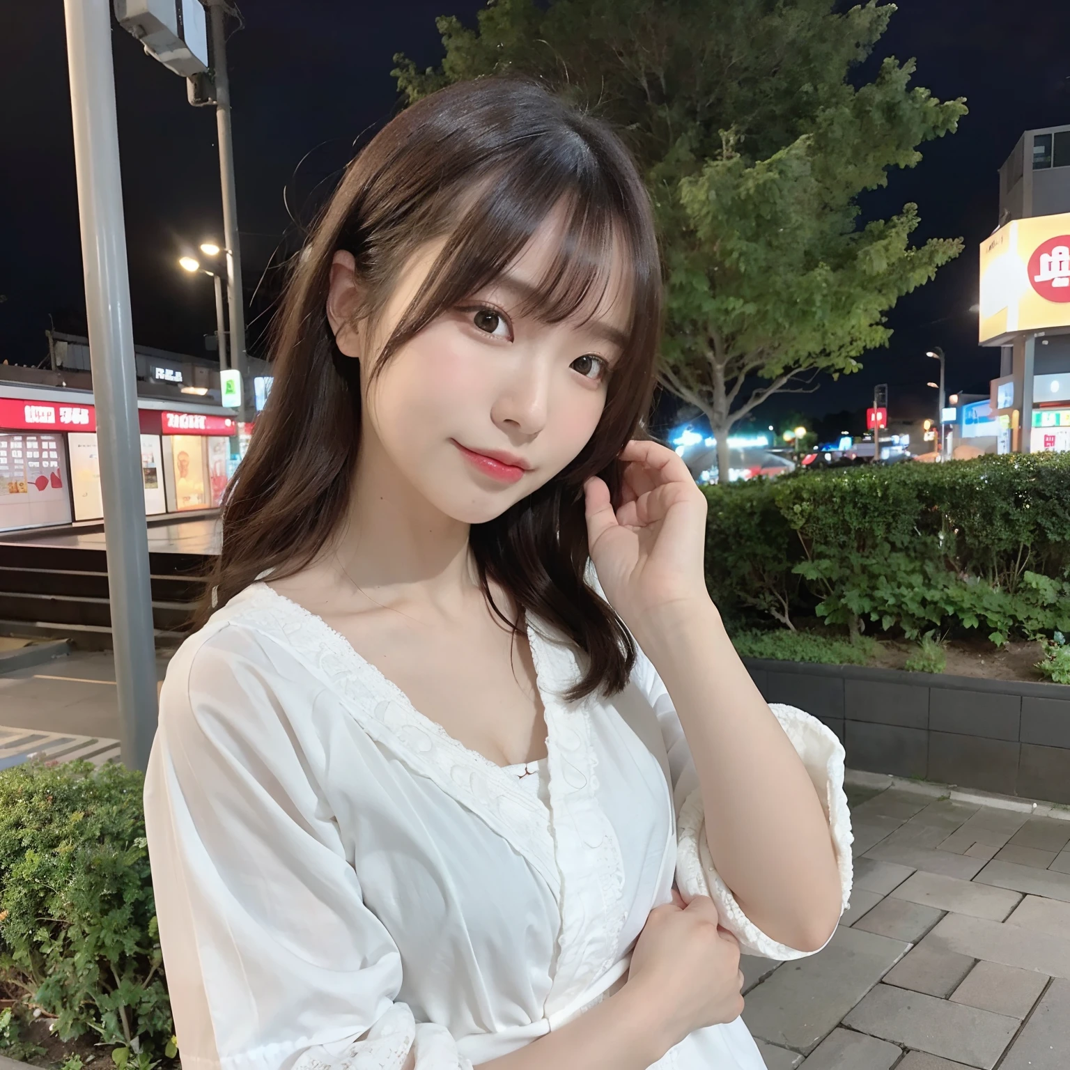 qulity, A hyper-realistic, (realisitic:1.3)、top-quality、超A high resolution、SLR、Crisp focus:1.2、Instagram、Very delicate、hyperdetailed face、very detailed lips、A detailed eye、Look at viewers、Japan 1 woman(A dark-haired、shorth hair、Black eye、sixteen years old、Colossal tits、Delicate body、cute little、adolable)、Japan Beautiful High School Student、(white lace yukata)、NSFW,((masterpiece:1.3))、Fireworks display(Festival of Japan)