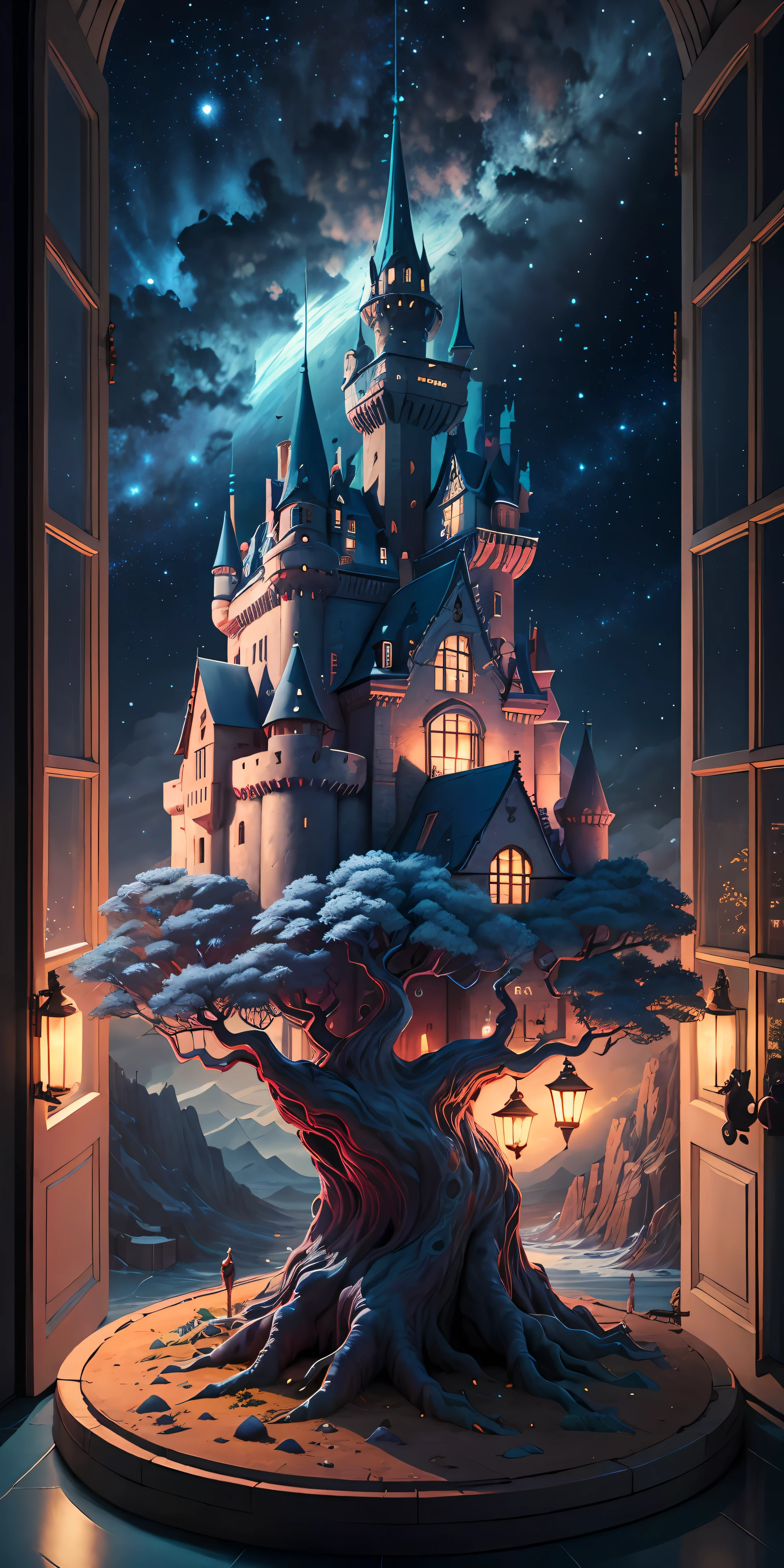fantasia00d, Obras em pastel, Landscape of a mythical [Genebra:Castle on the tree :3] and Belle poque blue dwarf, na Blue Tree , Energetic, Arte dos anos 50, Cathode Tube, (arte de Abram Efimovich Arkhipov:0.8), Dry face on a giant blue tree with a castle on that tree, azul, uma lua azul no fundo, lua cheia, Starry blue sky at night, castelo azul, Coroa Azul, Blue castle on a blue tree