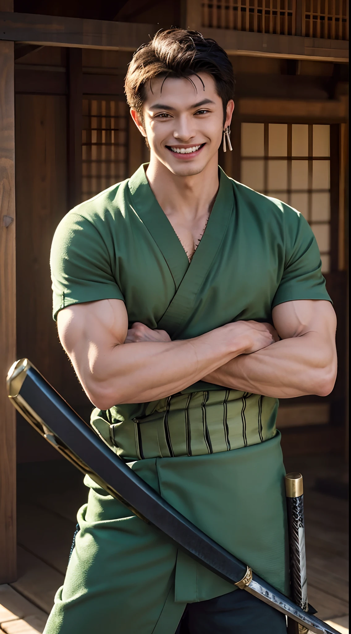 (masterpiece, best quality:1.2), cowboy shot, solo, male focus, 1boy, roronoa zoro, scar, muscular male, grin, looking at viewer, (dual wielding:1.2) katanas, crossed arms, japanese clothes, green kimono